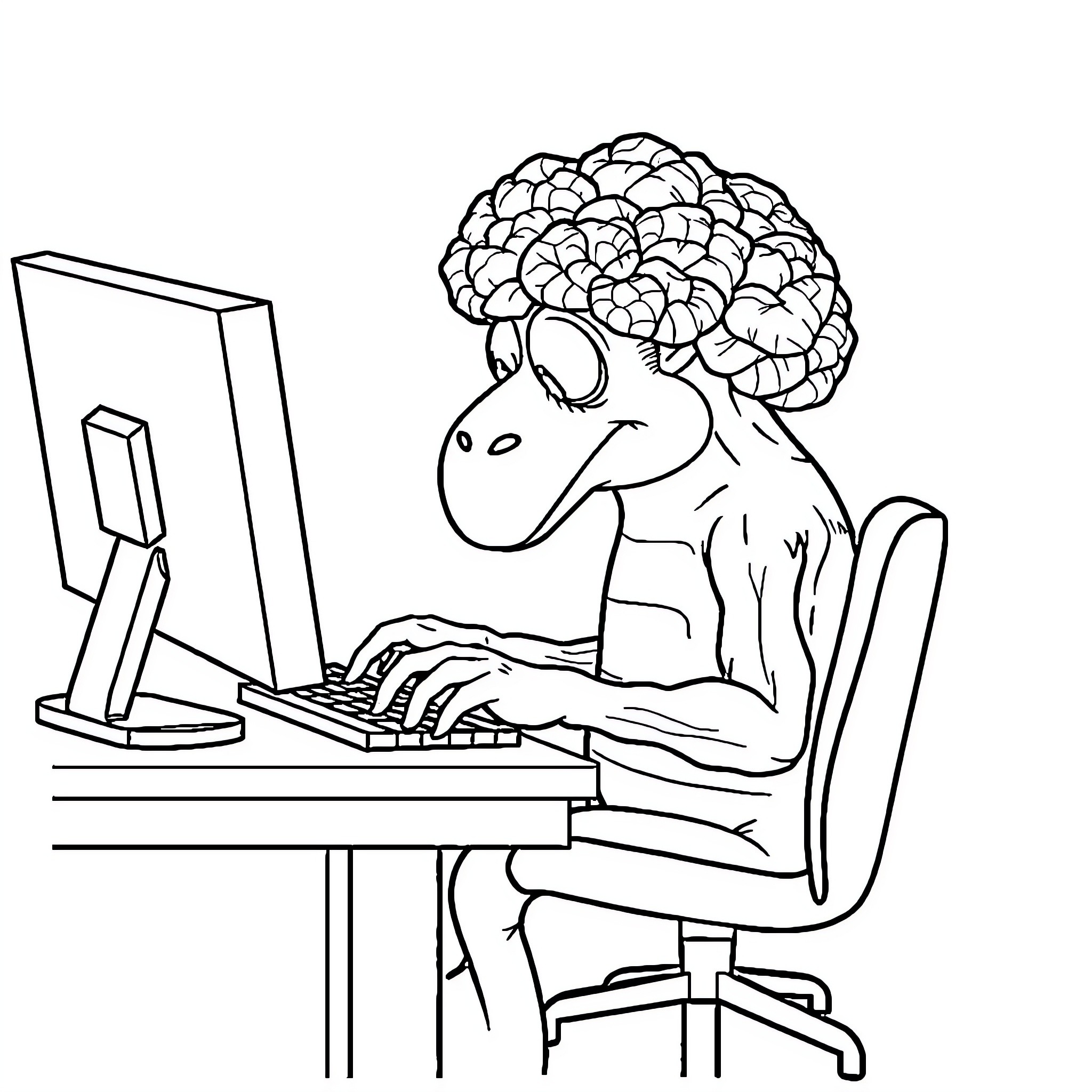 Broccoli person working diligently at computer Coloring Page (free black-and-white line drawing printable PDF for all, from beginners to advanced learners, including children, teens, adults, and seniors)