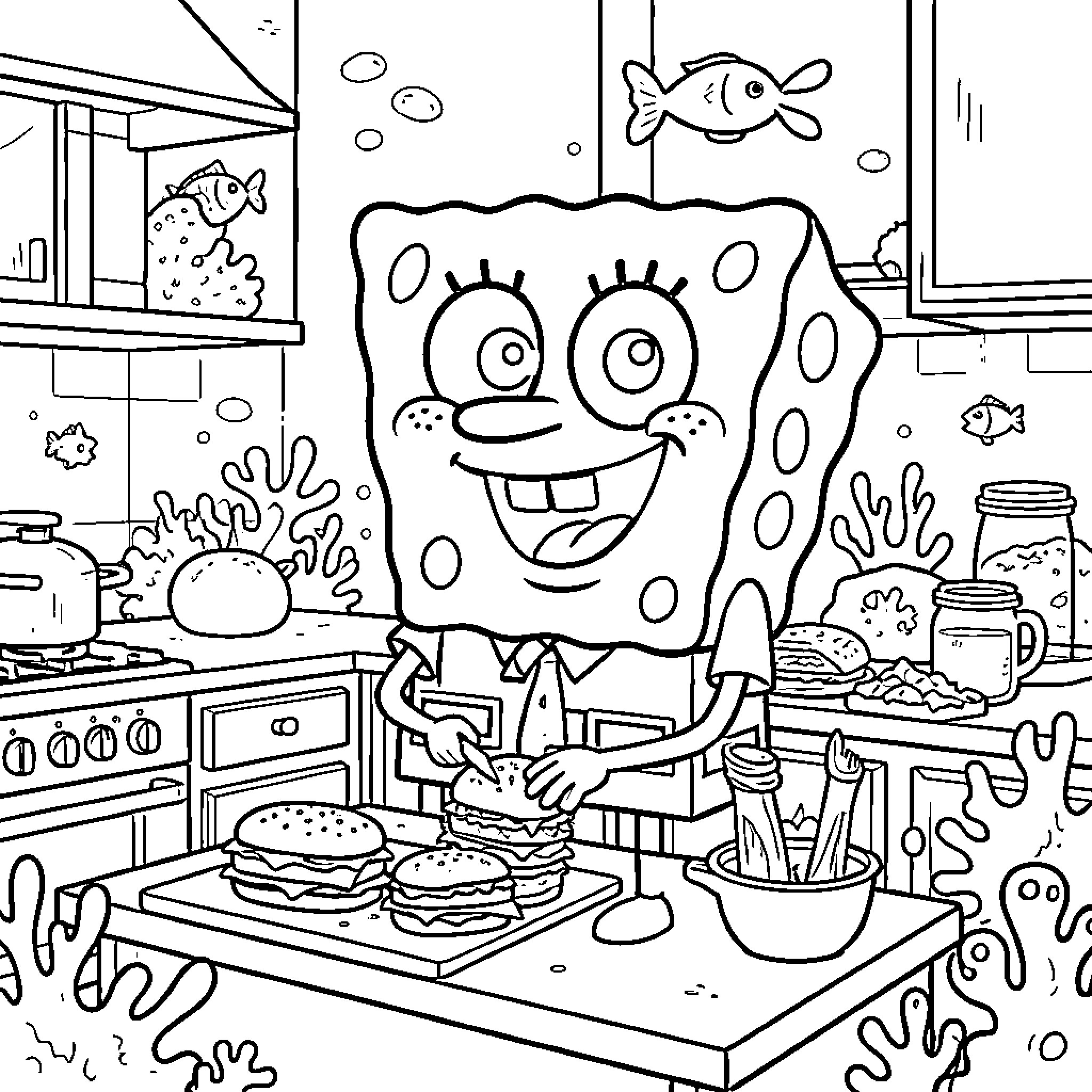 Bob esponja cooking in the kitchen with sea creatures Coloring Page (free black-and-white line drawing printable PDF for all, from beginners to advanced learners, including children, teens, adults, and seniors)