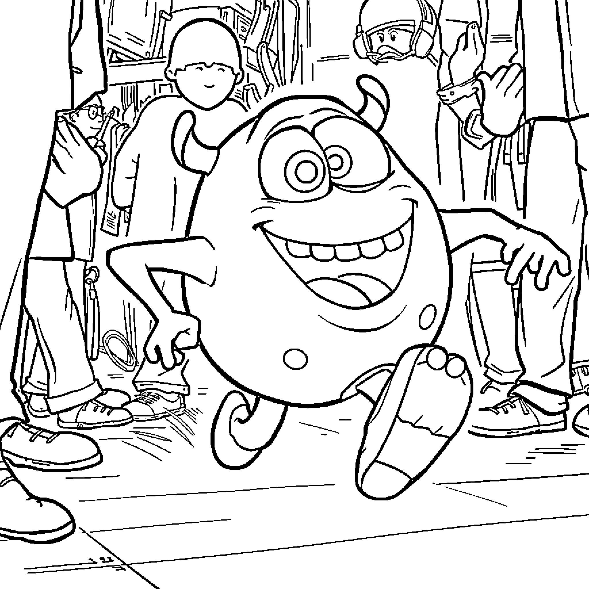 Mike Wazowski's Chaotic Scaring Adventure Coloring Page (free black-and-white line drawing printable PDF for all, from beginners to advanced learners, including children, teens, adults, and seniors)