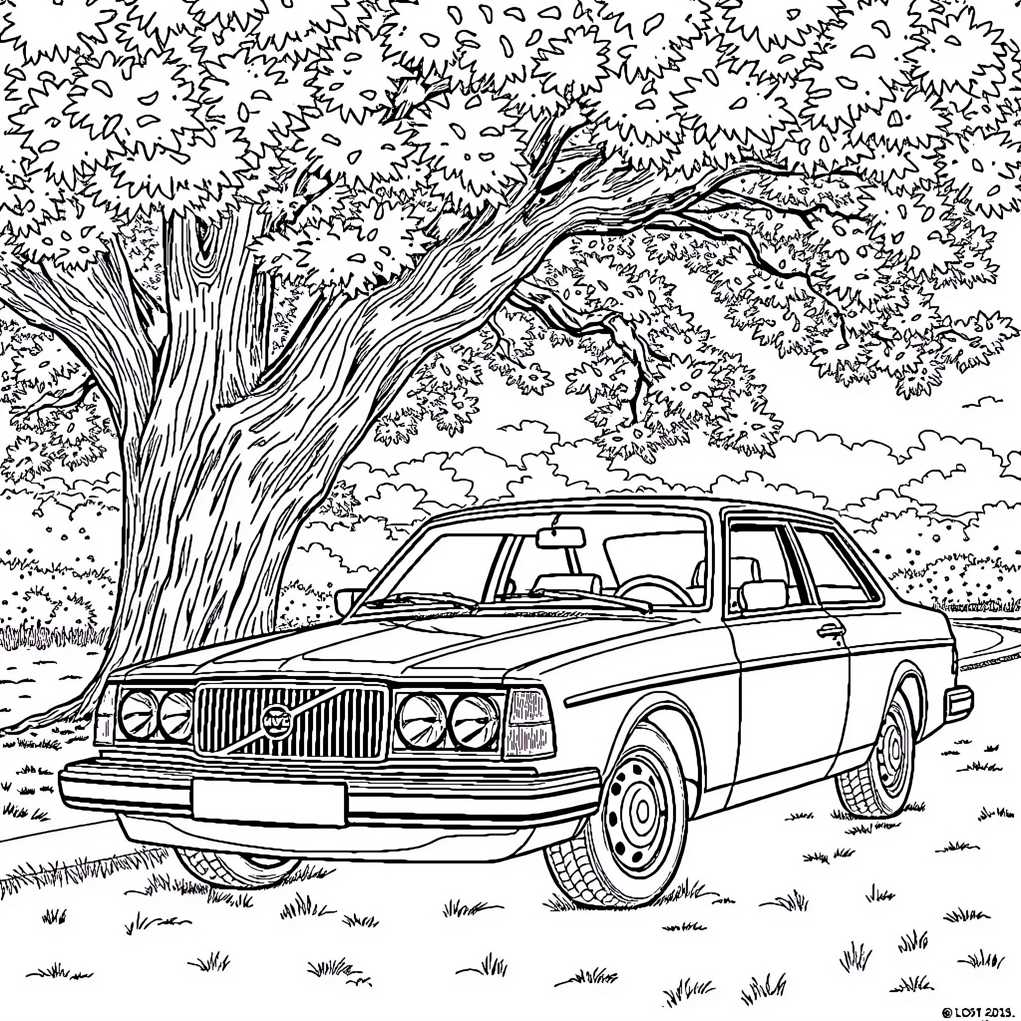 Volvo station wagon parked under a tree Coloring Page (free black-and-white line drawing printable PDF for all, from beginners to advanced learners, including children, teens, adults, and seniors)