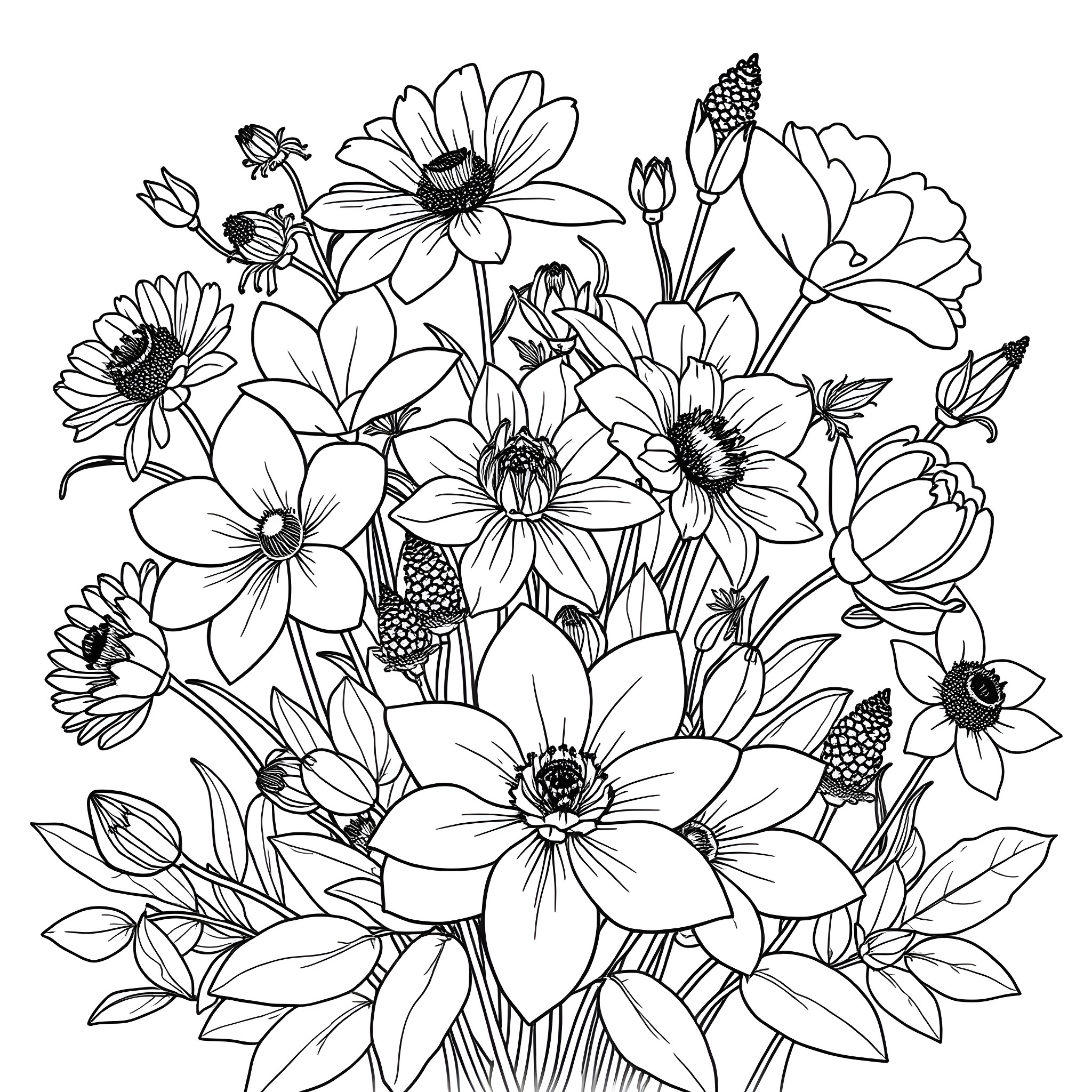 Flower bouquet of beautiful blooms Coloring Page (free black-and-white line drawing printable PDF for all, from beginners to advanced learners, including children, teens, adults, and seniors)