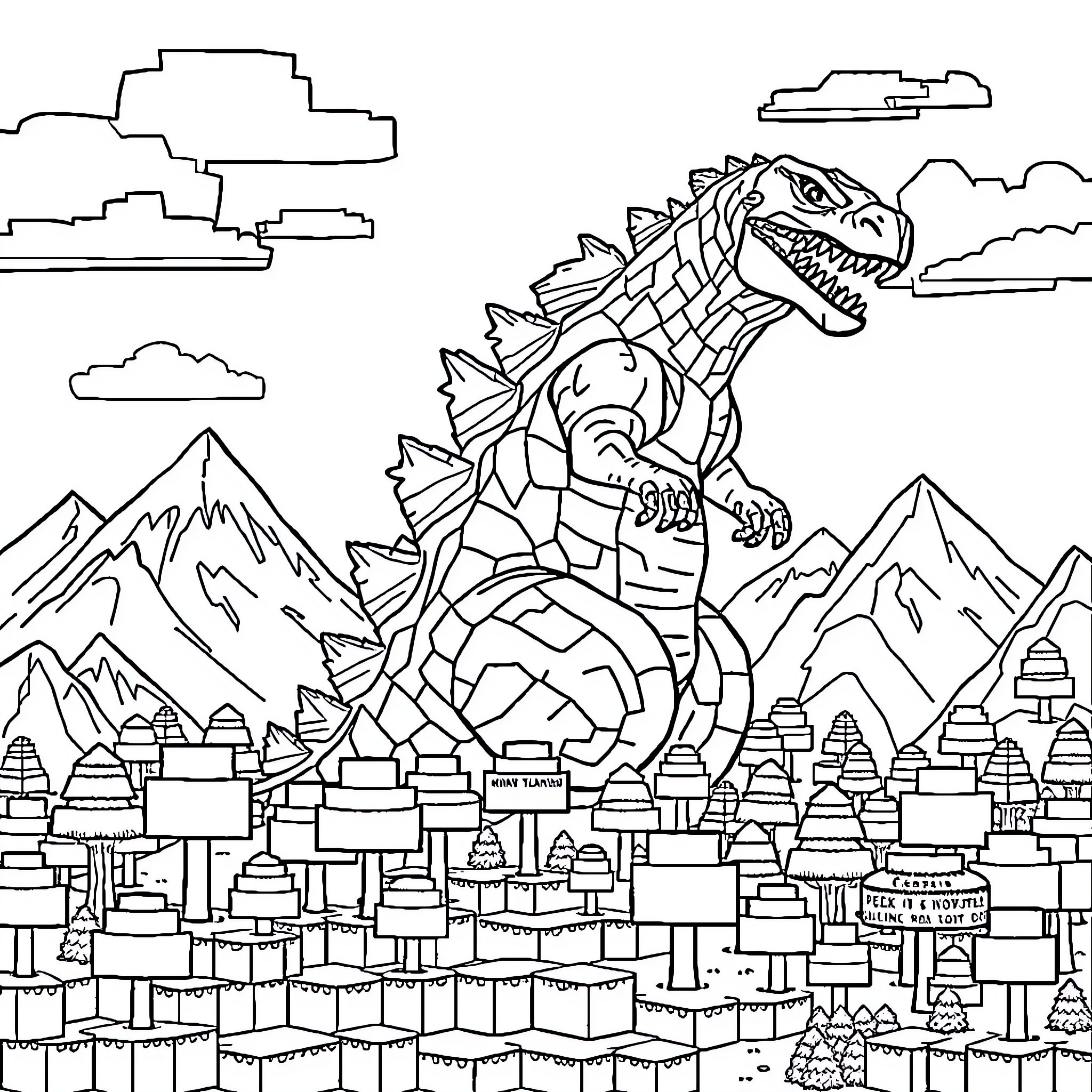 Godzilla destroying the city with mountains in the background Coloring Page (free black-and-white line drawing printable PDF for all, from beginners to advanced learners, including children, teens, adults, and seniors)