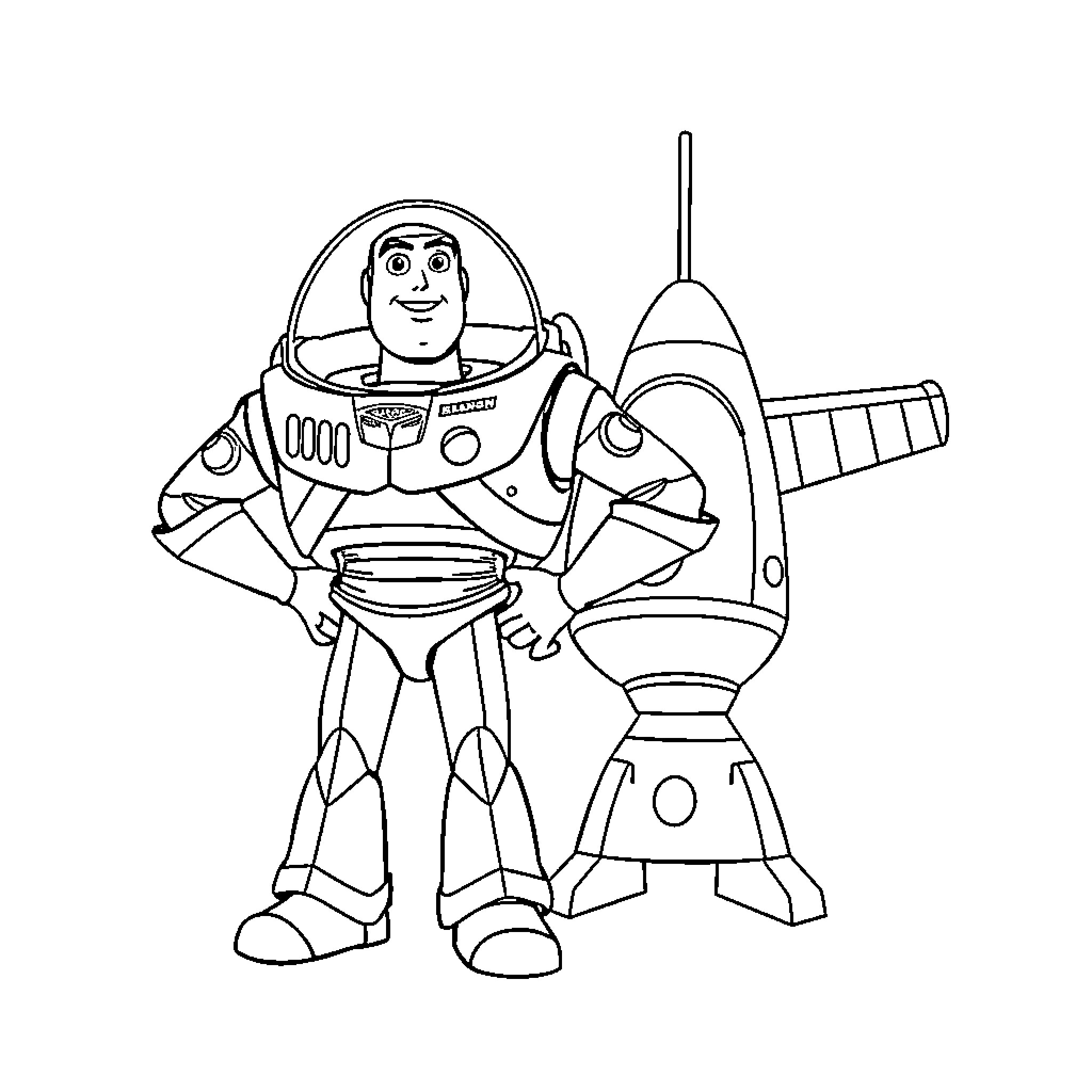 Buzz Lightyear in action with jetpack Coloring Page (free black-and-white line drawing printable PDF for all, from beginners to advanced learners, including children, teens, adults, and seniors)