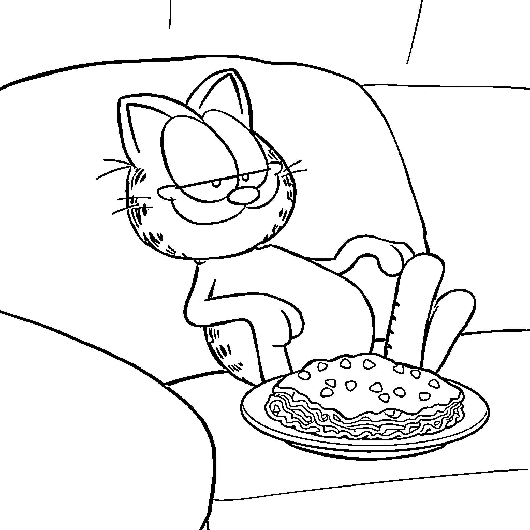 Garfield enjoying a delicious pie Coloring Page (free black-and-white line drawing printable PDF for all, from beginners to advanced learners, including children, teens, adults, and seniors)