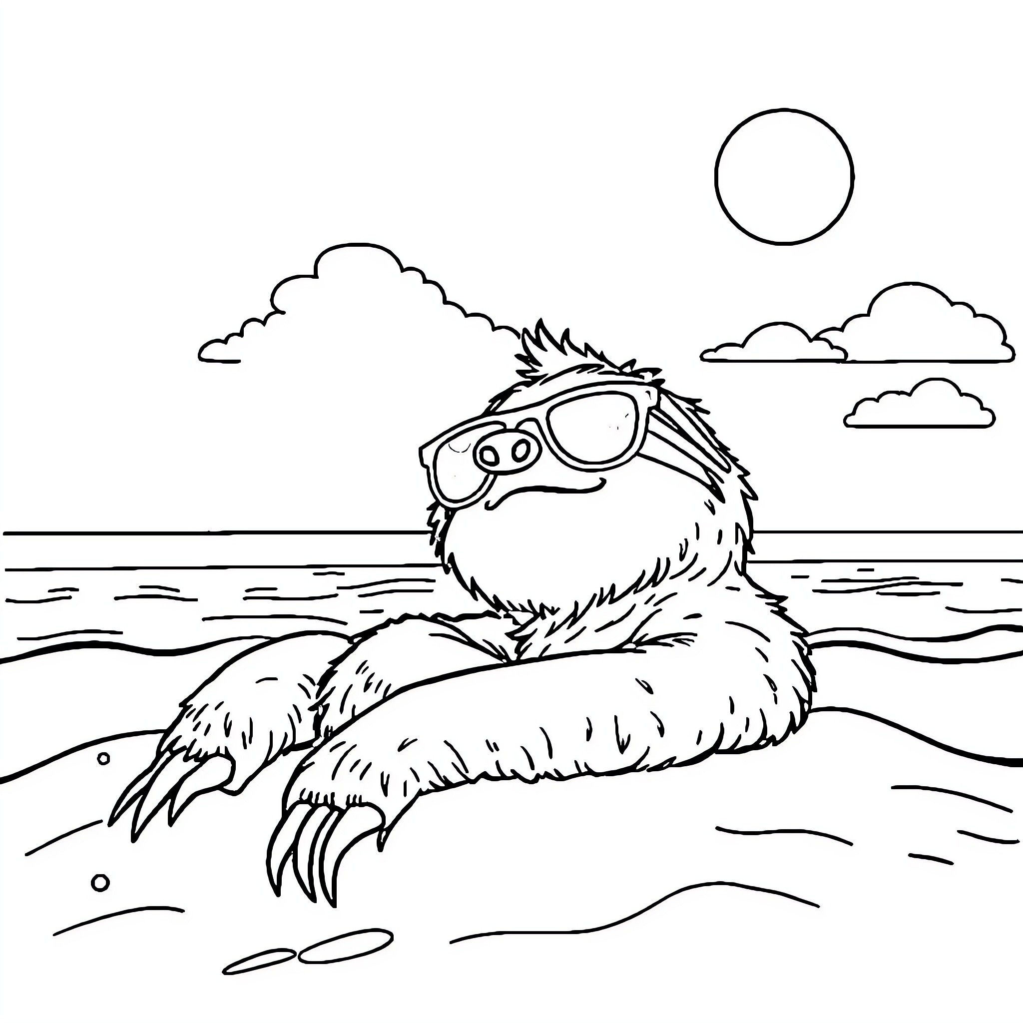 Sloth relaxing in the water with sunglasses Coloring Page (free black-and-white line drawing printable PDF for all, from beginners to advanced learners, including children, teens, adults, and seniors)