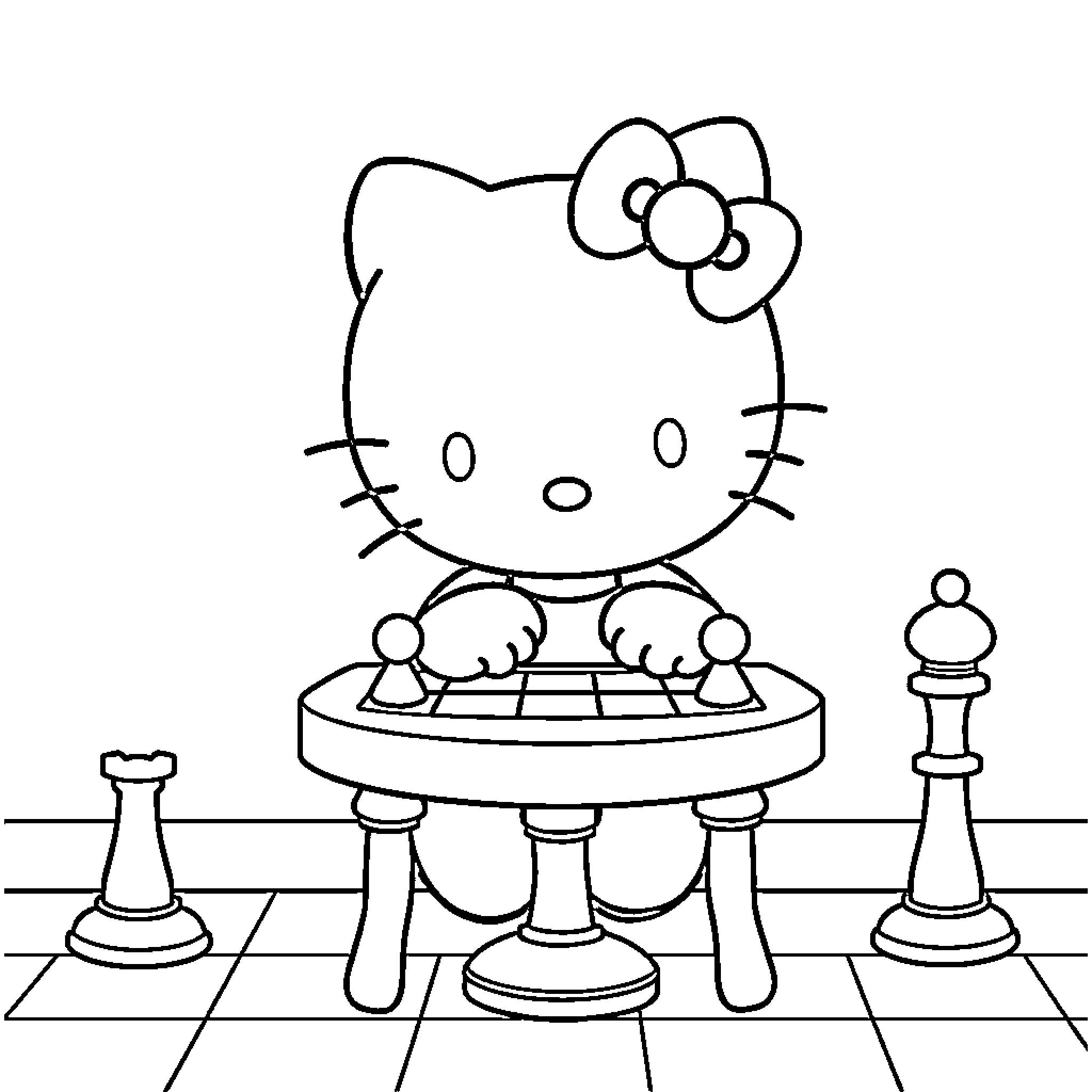 Hello Kitty playing chess on a chessboard Coloring Page (free black-and-white line drawing printable PDF for all, from beginners to advanced learners, including children, teens, adults, and seniors)