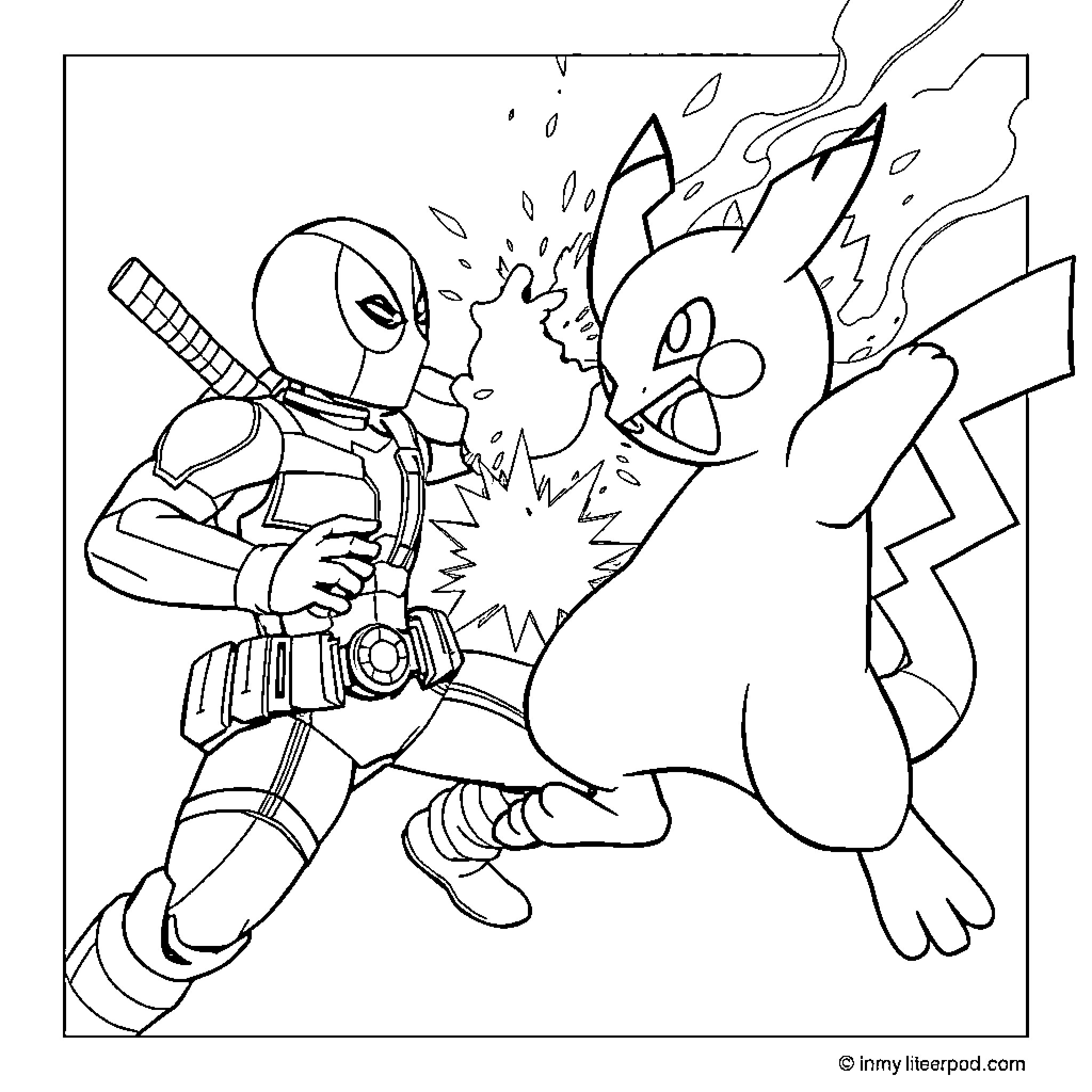 Pokémon character battling with an electric mouse-like creature Coloring Page (free black-and-white line drawing printable PDF for all, from beginners to advanced learners, including children, teens, adults, and seniors)