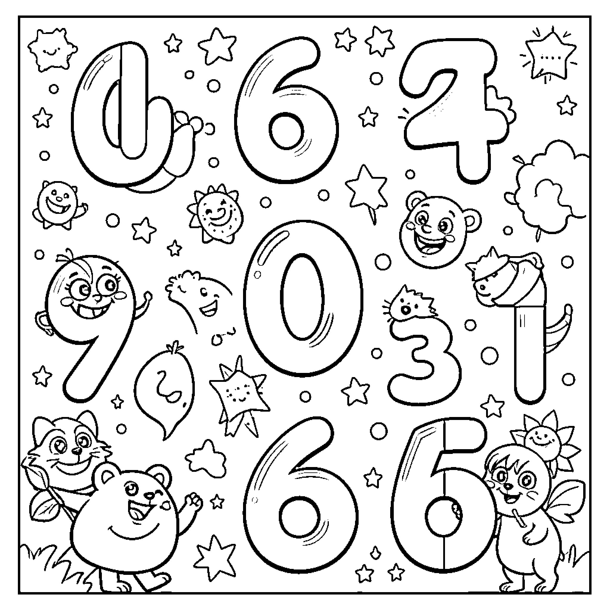 Numbers and Cute Characters in Whimsical Scene Coloring Page (free black-and-white line drawing printable PDF for all, from beginners to advanced learners, including children, teens, adults, and seniors)