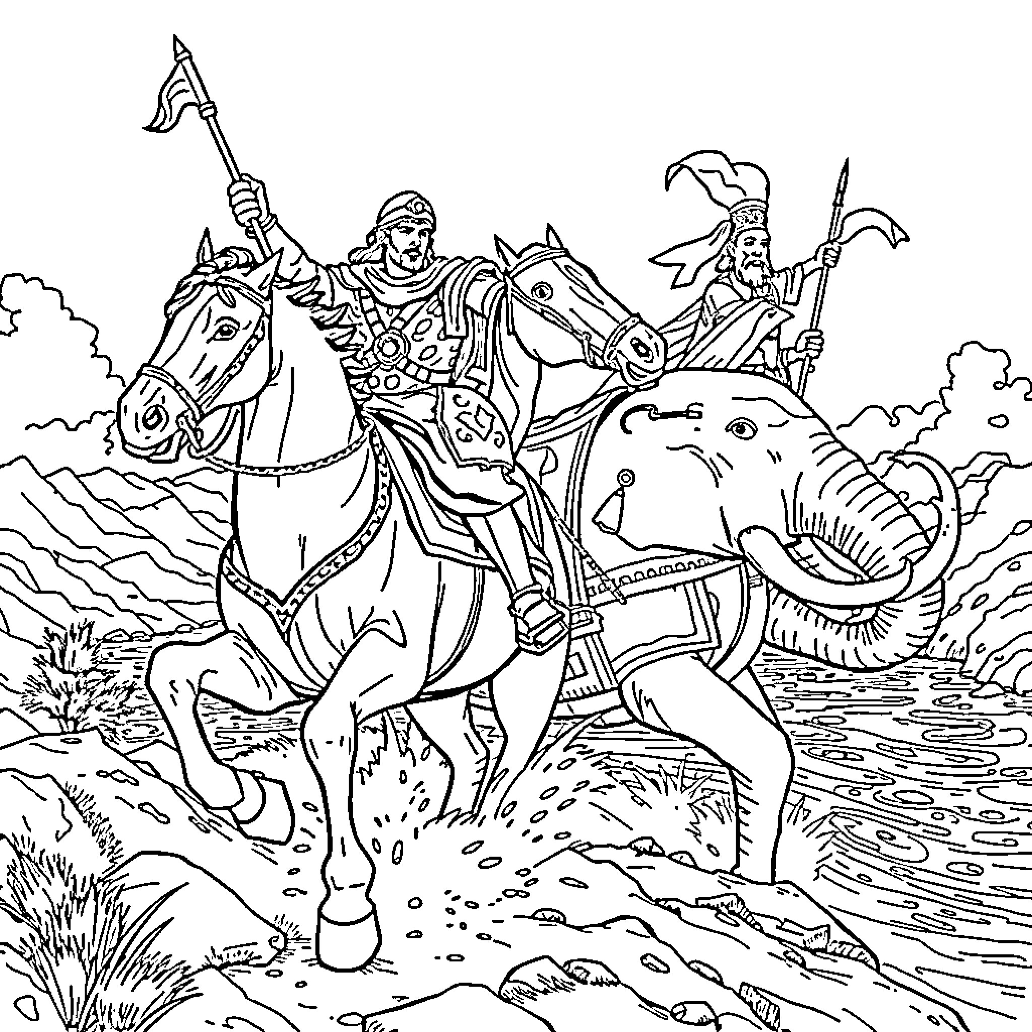 Alexander's Heroic Conquest on Mythical Steed Coloring Page (free black-and-white line drawing printable PDF for all, from beginners to advanced learners, including children, teens, adults, and seniors)