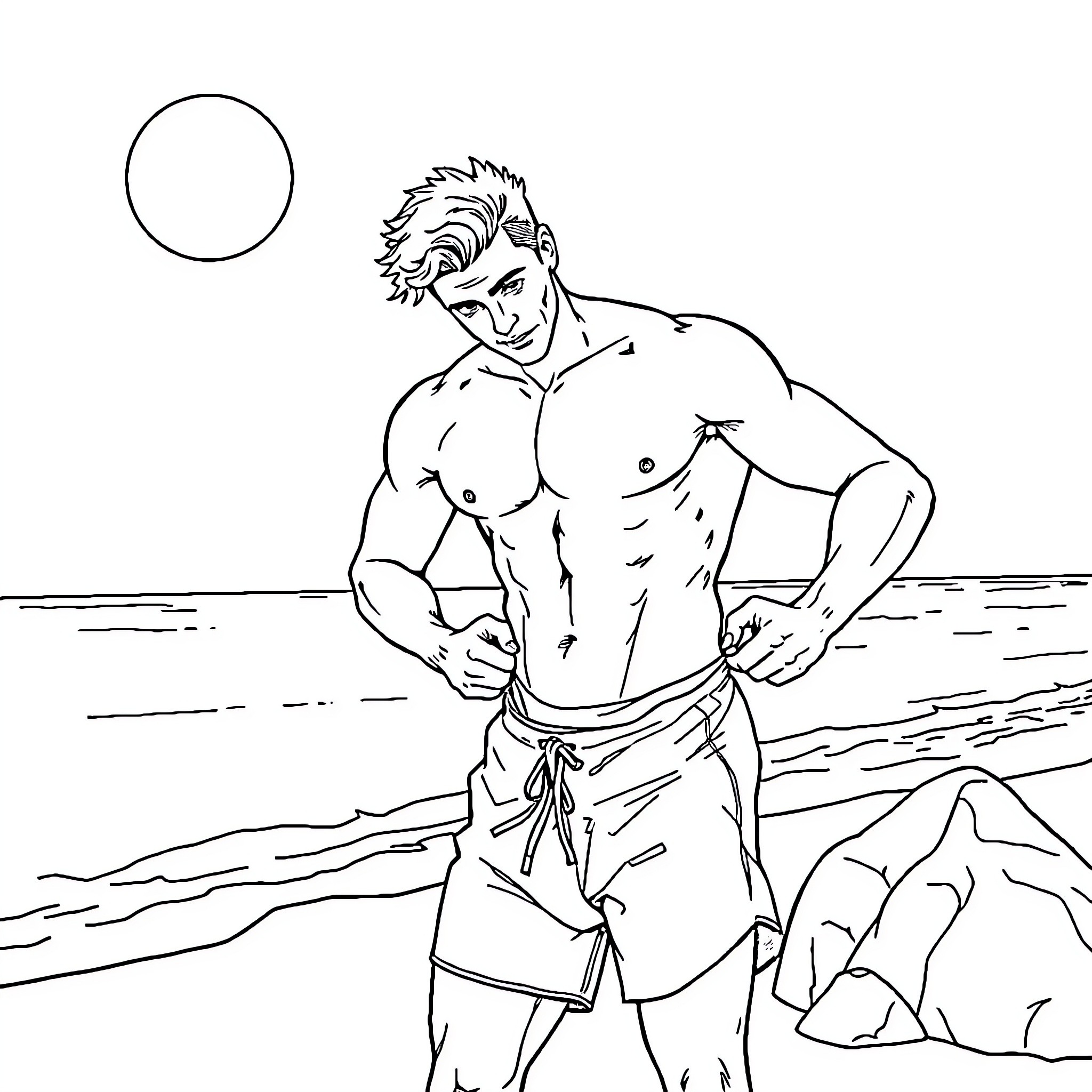 Guy relaxing on the beach Coloring Page (free black-and-white line drawing printable PDF for all, from beginners to advanced learners, including children, teens, adults, and seniors)