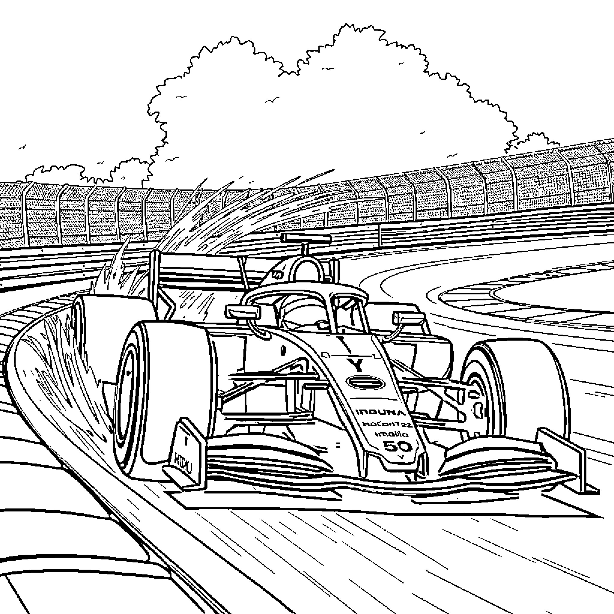 Formula 1 Race Car Speeding on the Track Coloring Page (free black-and-white line drawing printable PDF for all, from beginners to advanced learners, including children, teens, adults, and seniors)