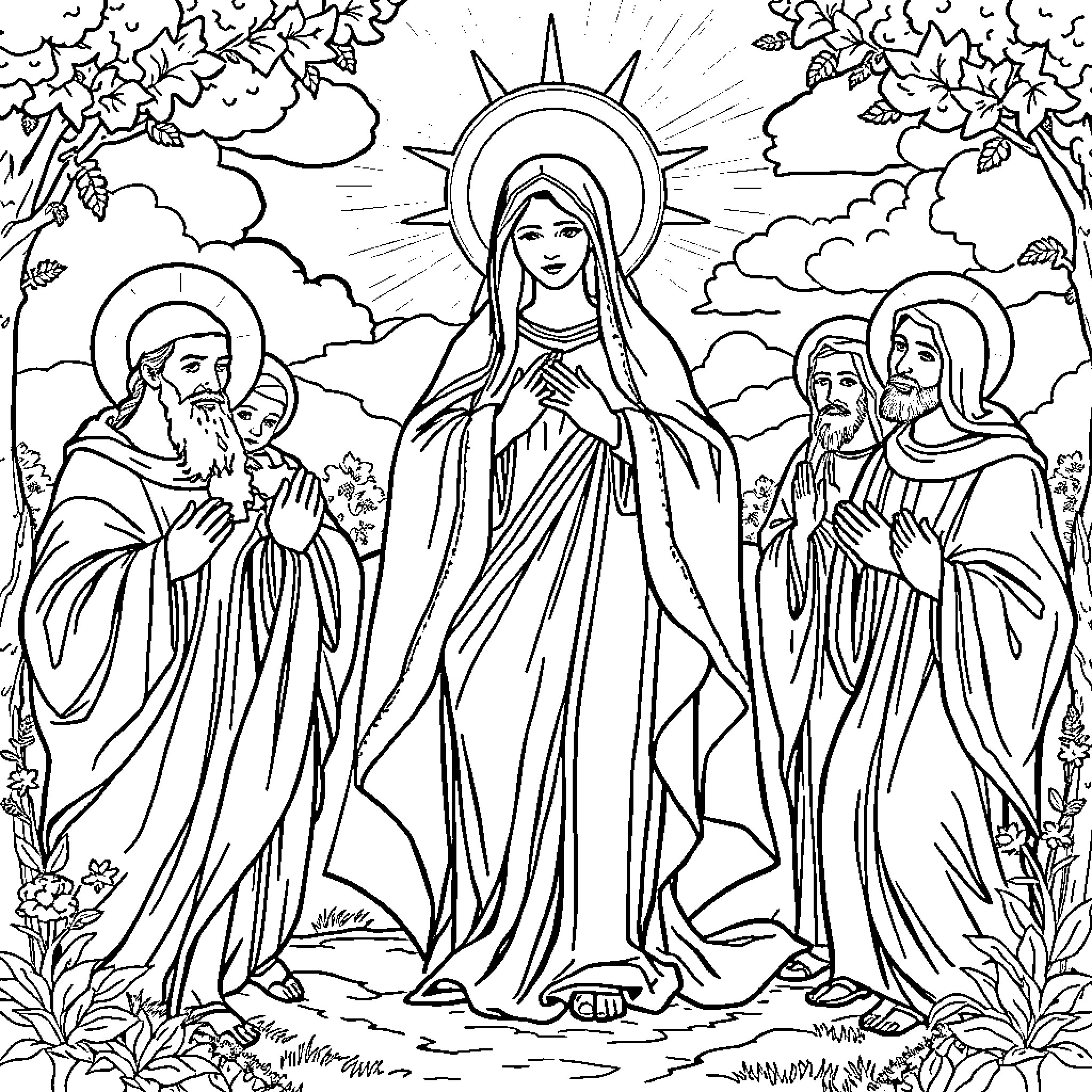 Mother Mary appearing to holy figures in a divine setting Coloring Page (free black-and-white line drawing printable PDF for all, from beginners to advanced learners, including children, teens, adults, and seniors)