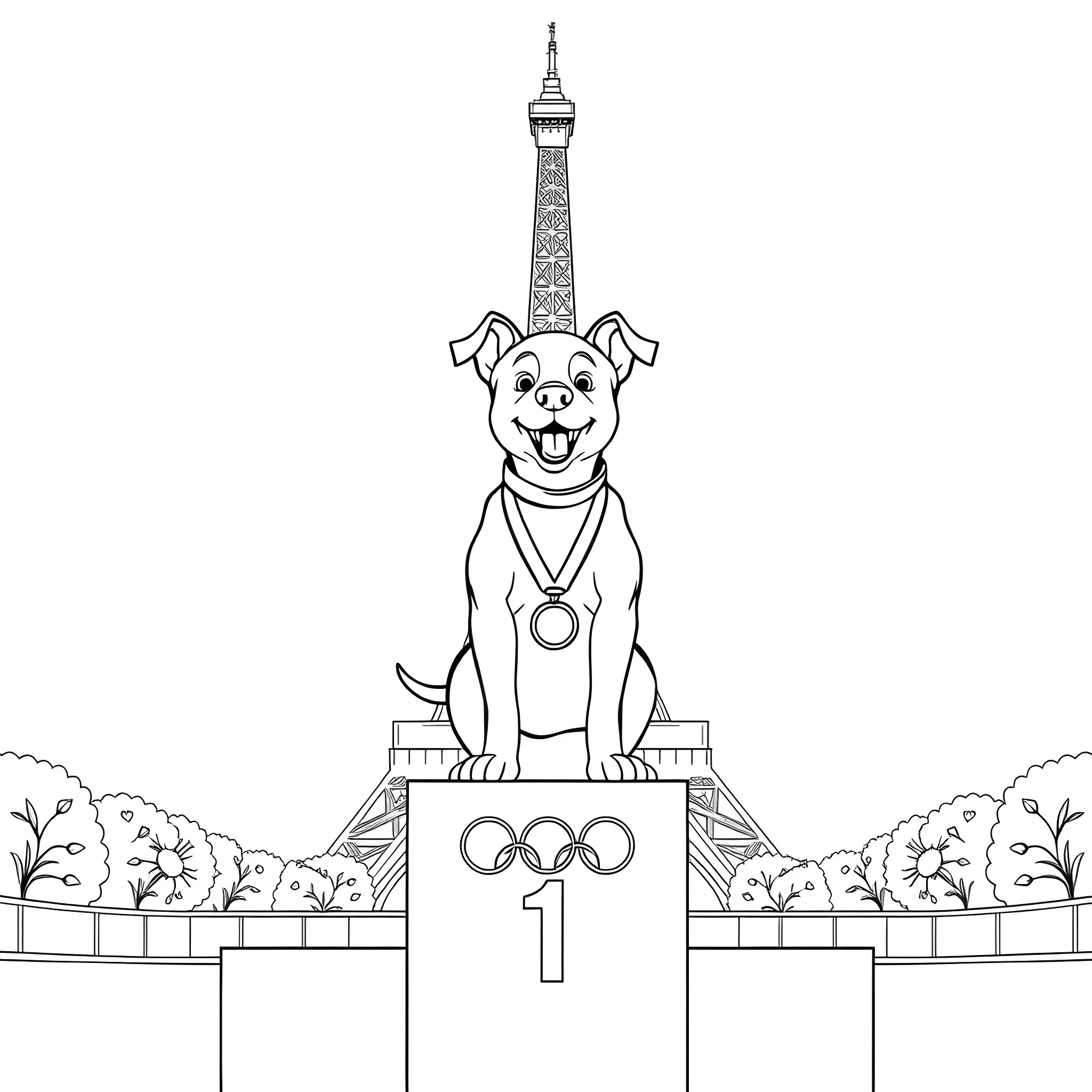 Dog Excitedly Sitting on Olympic Podium in Paris Coloring Page (free black-and-white line drawing printable PDF for all, from beginners to advanced learners, including children, teens, adults, and seniors)