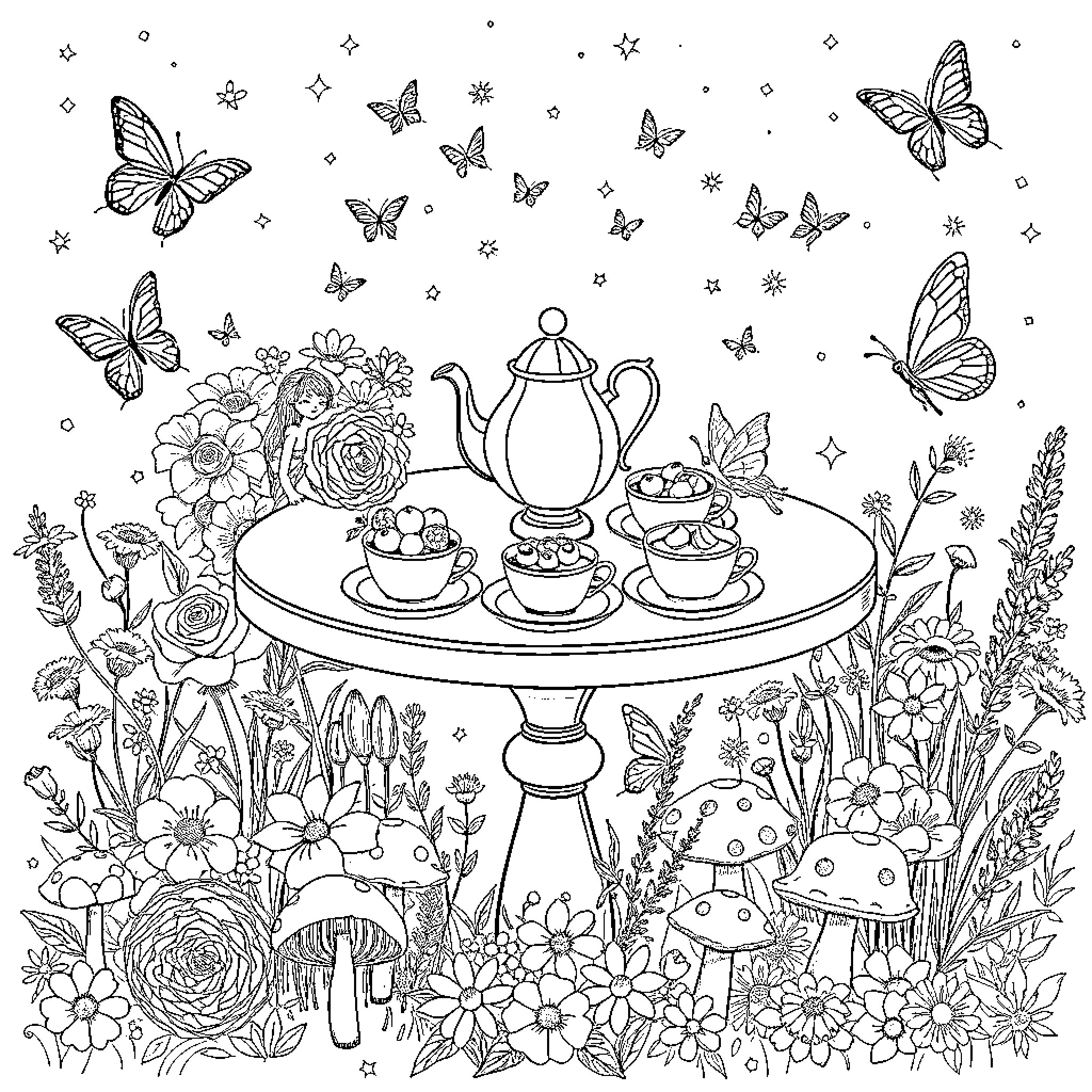 Fairy tea party in a enchanted garden Coloring Page (free black-and-white line drawing printable PDF for all, from beginners to advanced learners, including children, teens, adults, and seniors)