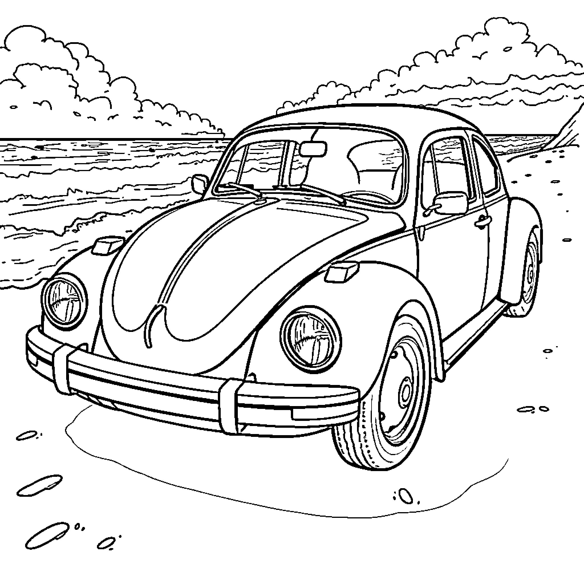 Beetle car driving along the beach Coloring Page (free black-and-white line drawing printable PDF for all, from beginners to advanced learners, including children, teens, adults, and seniors)