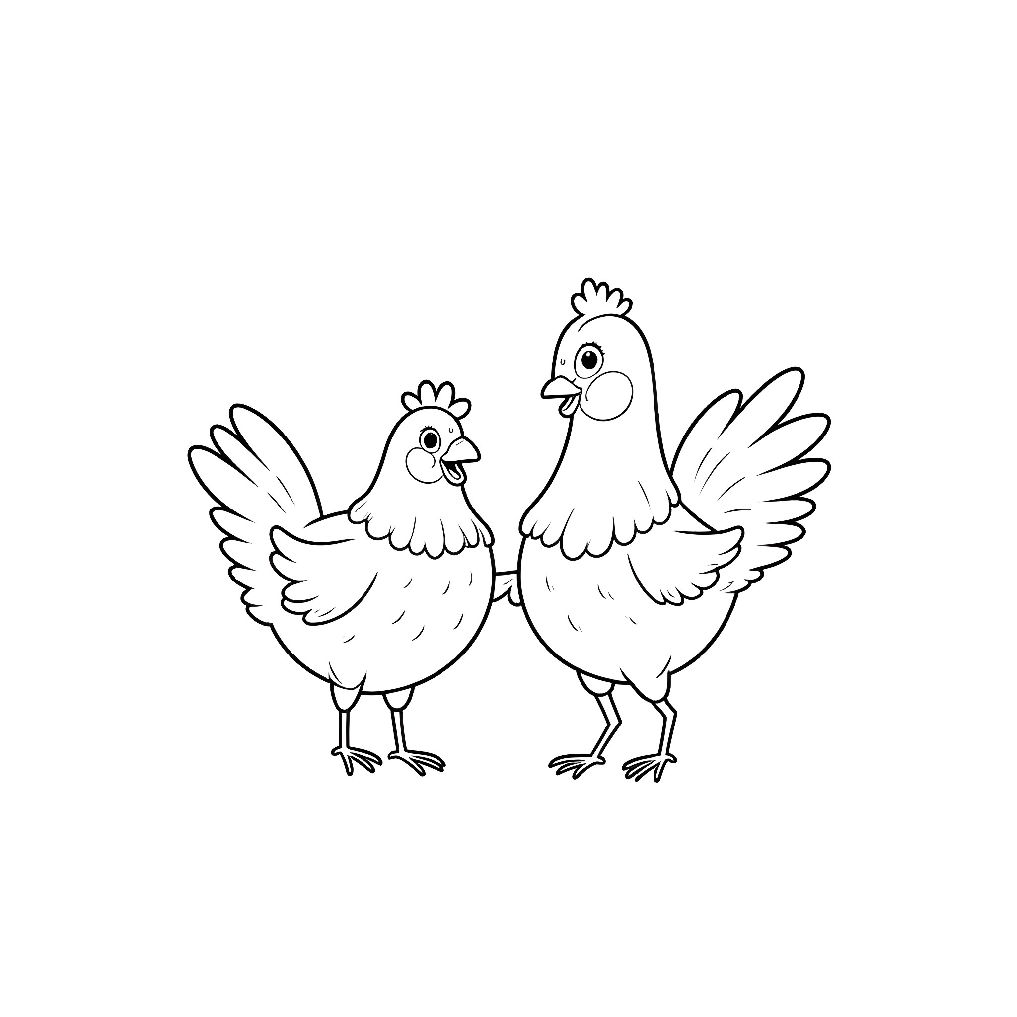 Chicken couple in a casual pose Coloring Page (free black-and-white line drawing printable PDF for all, from beginners to advanced learners, including children, teens, adults, and seniors)