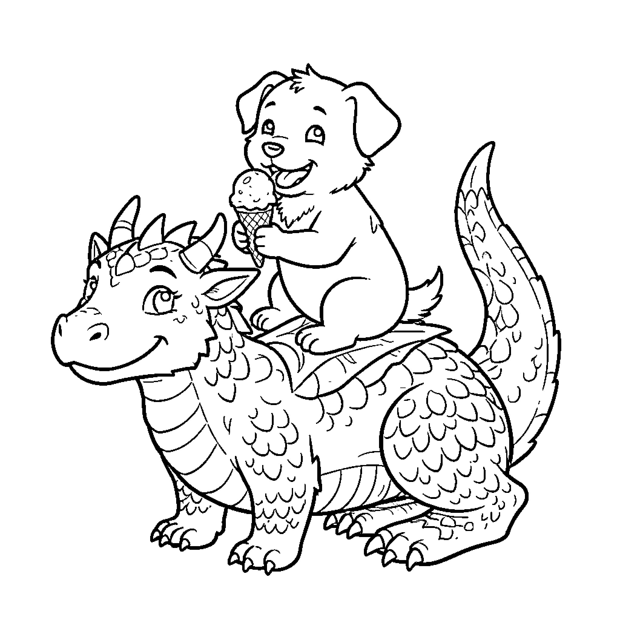 Dog riding a dragon while eating ice cream Coloring Page (free black-and-white line drawing printable PDF for all, from beginners to advanced learners, including children, teens, adults, and seniors)
