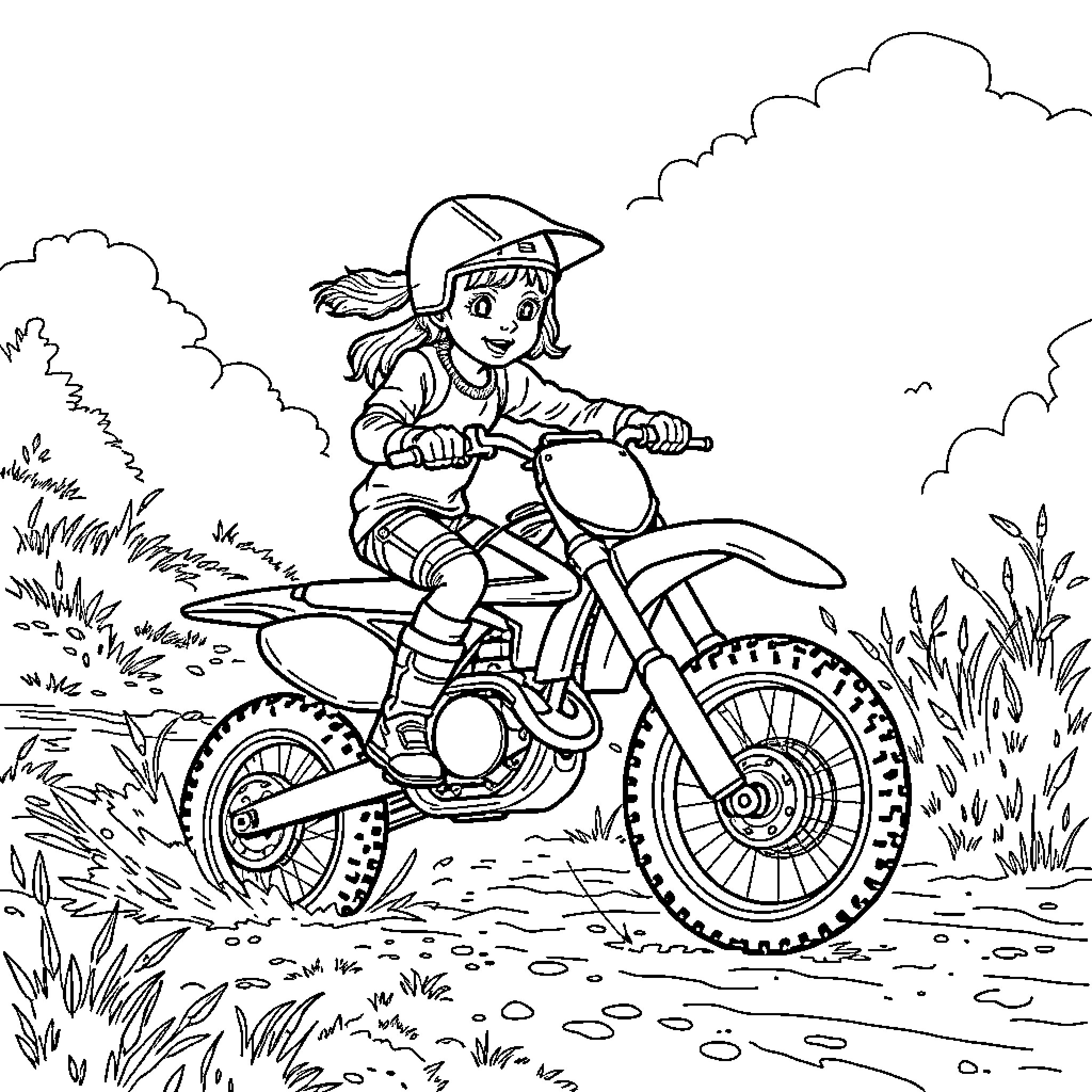 Girl riding dirt bike on rugged terrain Coloring Page (free black-and-white line drawing printable PDF for all, from beginners to advanced learners, including children, teens, adults, and seniors)