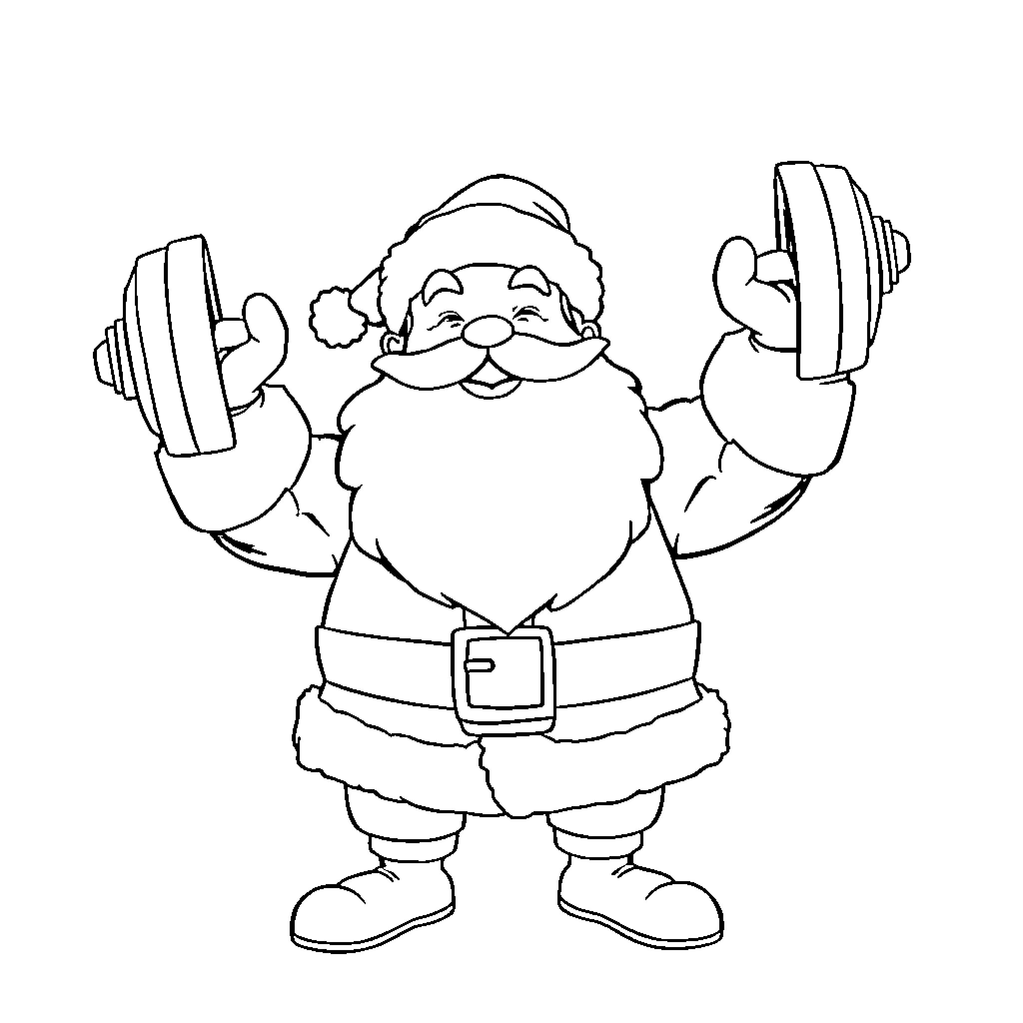 Santa working out with dumbbells Coloring Page (free black-and-white line drawing printable PDF for all, from beginners to advanced learners, including children, teens, adults, and seniors)