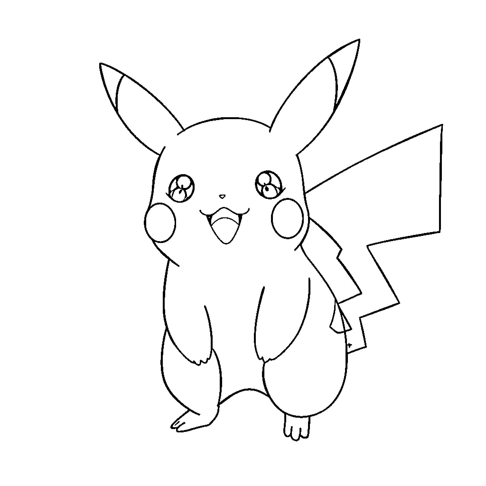 Pikachu smiling and posing in a simple line art Coloring Page (free black-and-white line drawing printable PDF for all, from beginners to advanced learners, including children, teens, adults, and seniors)