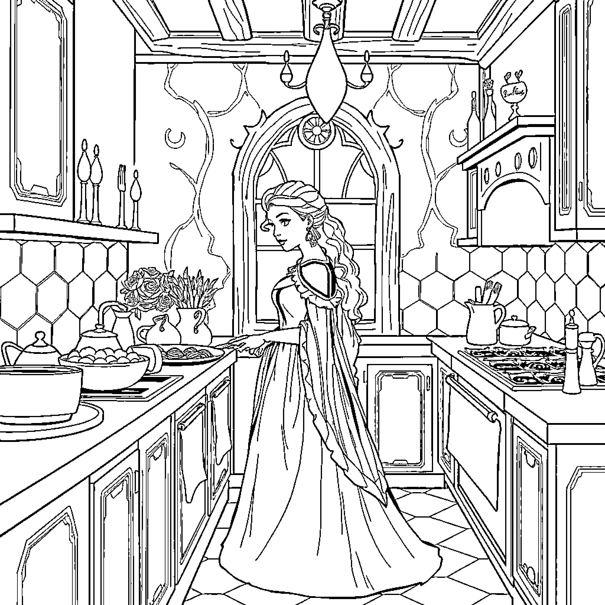 Snow Queen preparing food in a grand kitchen Coloring Page (free black-and-white line drawing printable PDF for all, from beginners to advanced learners, including children, teens, adults, and seniors)