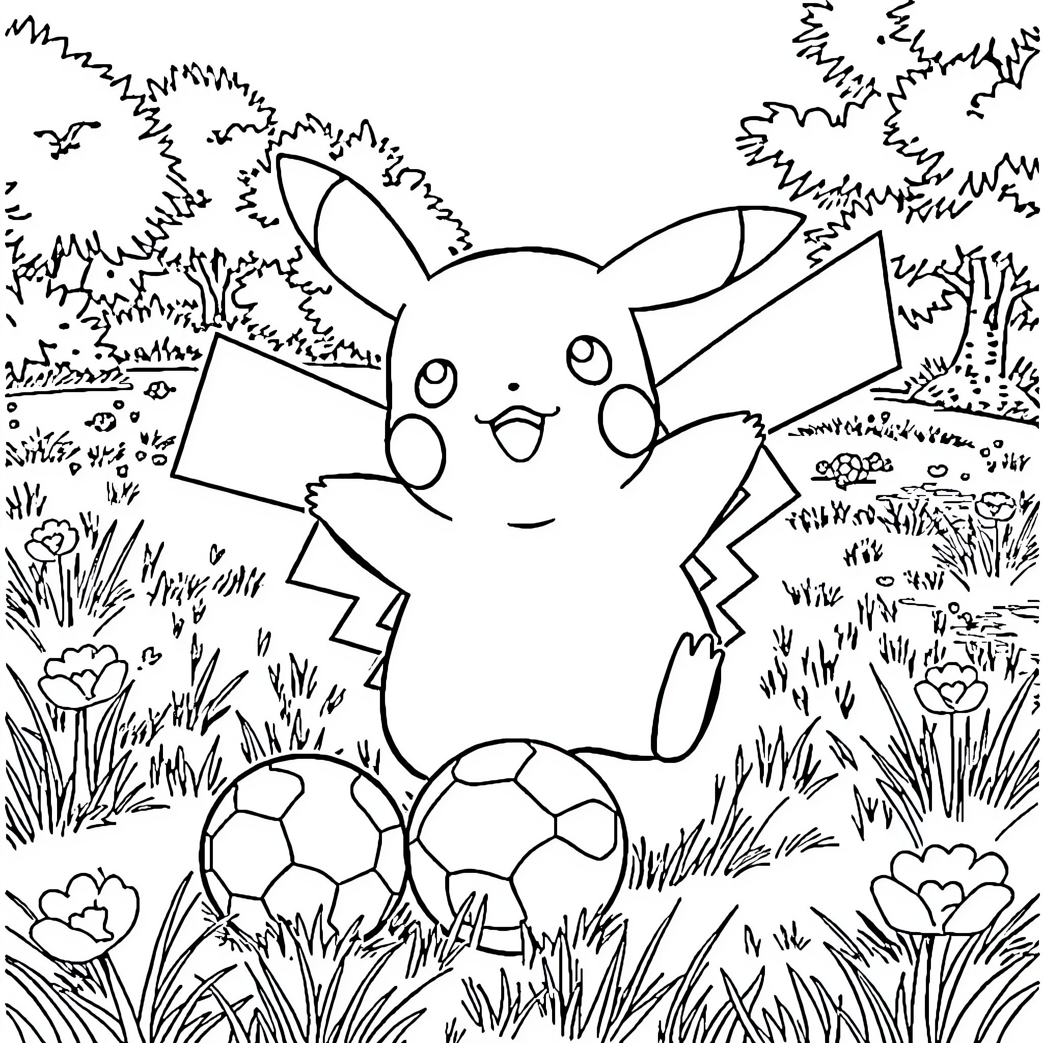 Pikachu playing with soccer balls in a grassy field Coloring Page (free black-and-white line drawing printable PDF for all, from beginners to advanced learners, including children, teens, adults, and seniors)