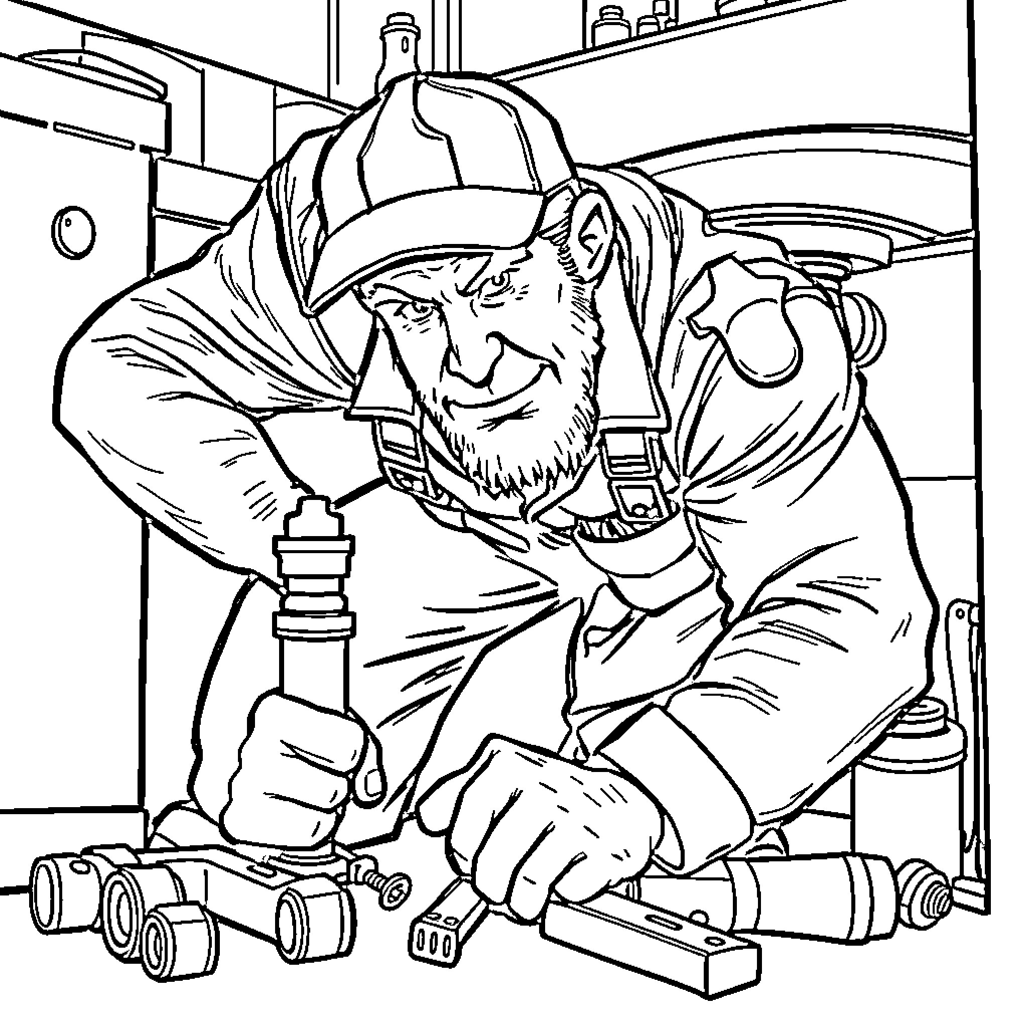 Plumber working diligently with tools Coloring Page (free black-and-white line drawing printable PDF for all, from beginners to advanced learners, including children, teens, adults, and seniors)