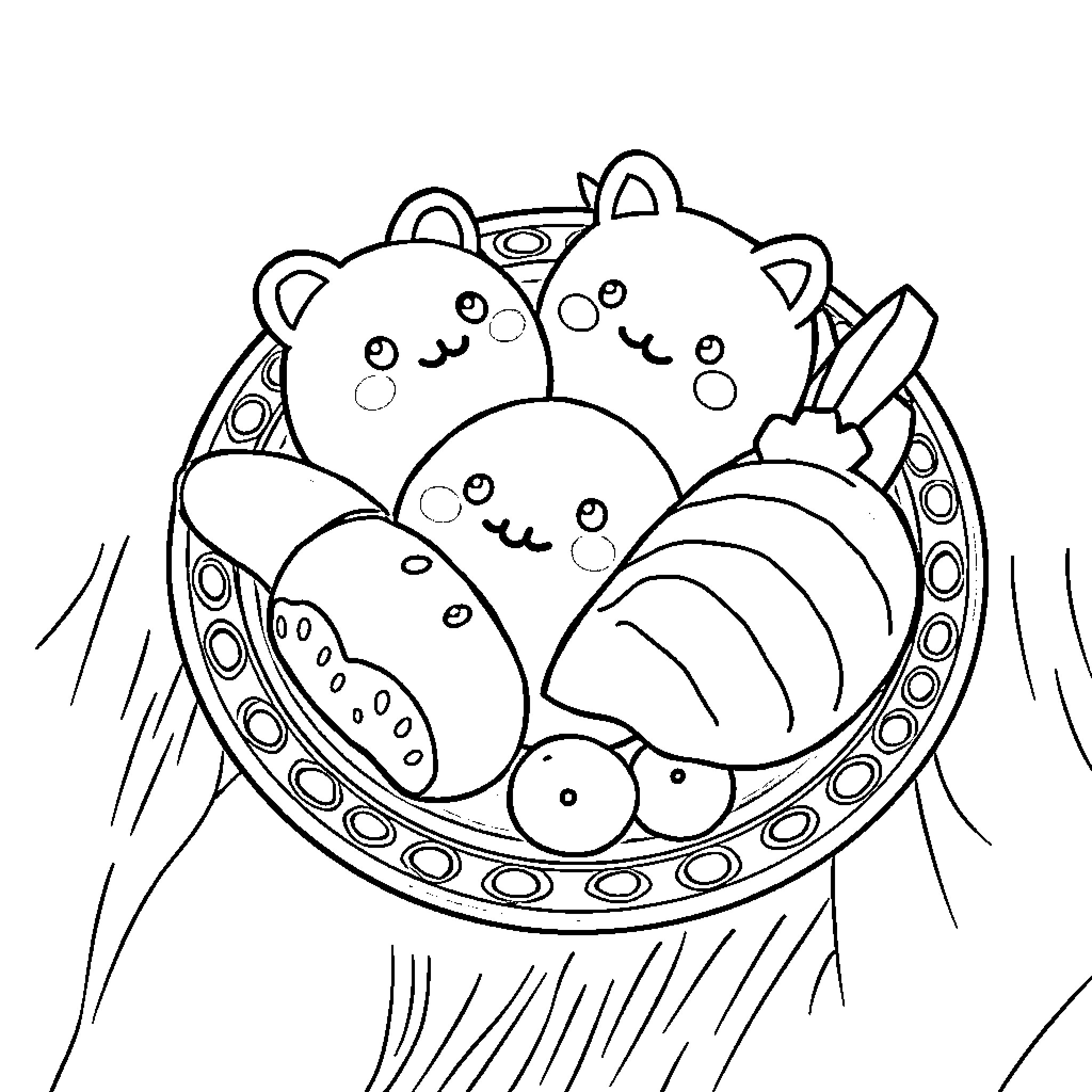 Food Filled Bowl of Cute Cartoon Characters Coloring Page (free black-and-white line drawing printable PDF for all, from beginners to advanced learners, including children, teens, adults, and seniors)