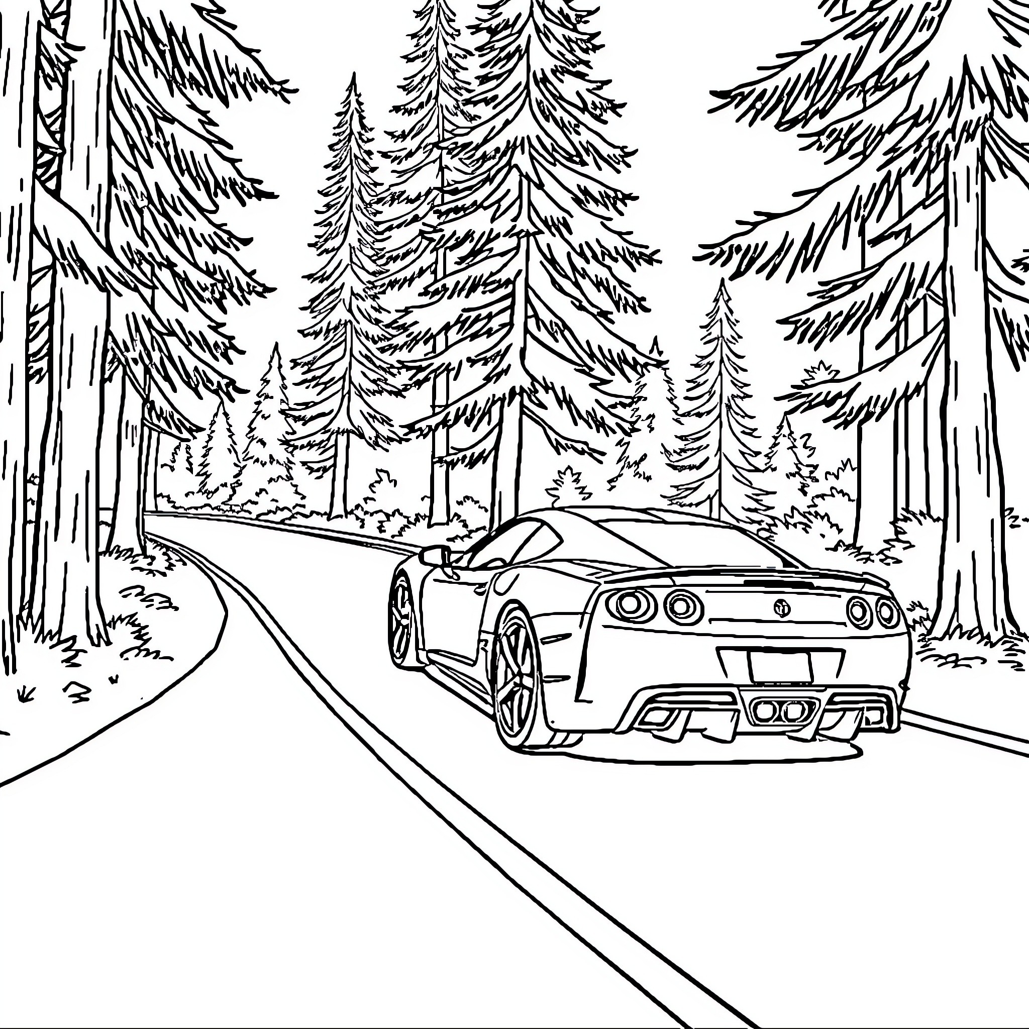Sportscar driving through forest landscape Coloring Page (free black-and-white line drawing printable PDF for all, from beginners to advanced learners, including children, teens, adults, and seniors)