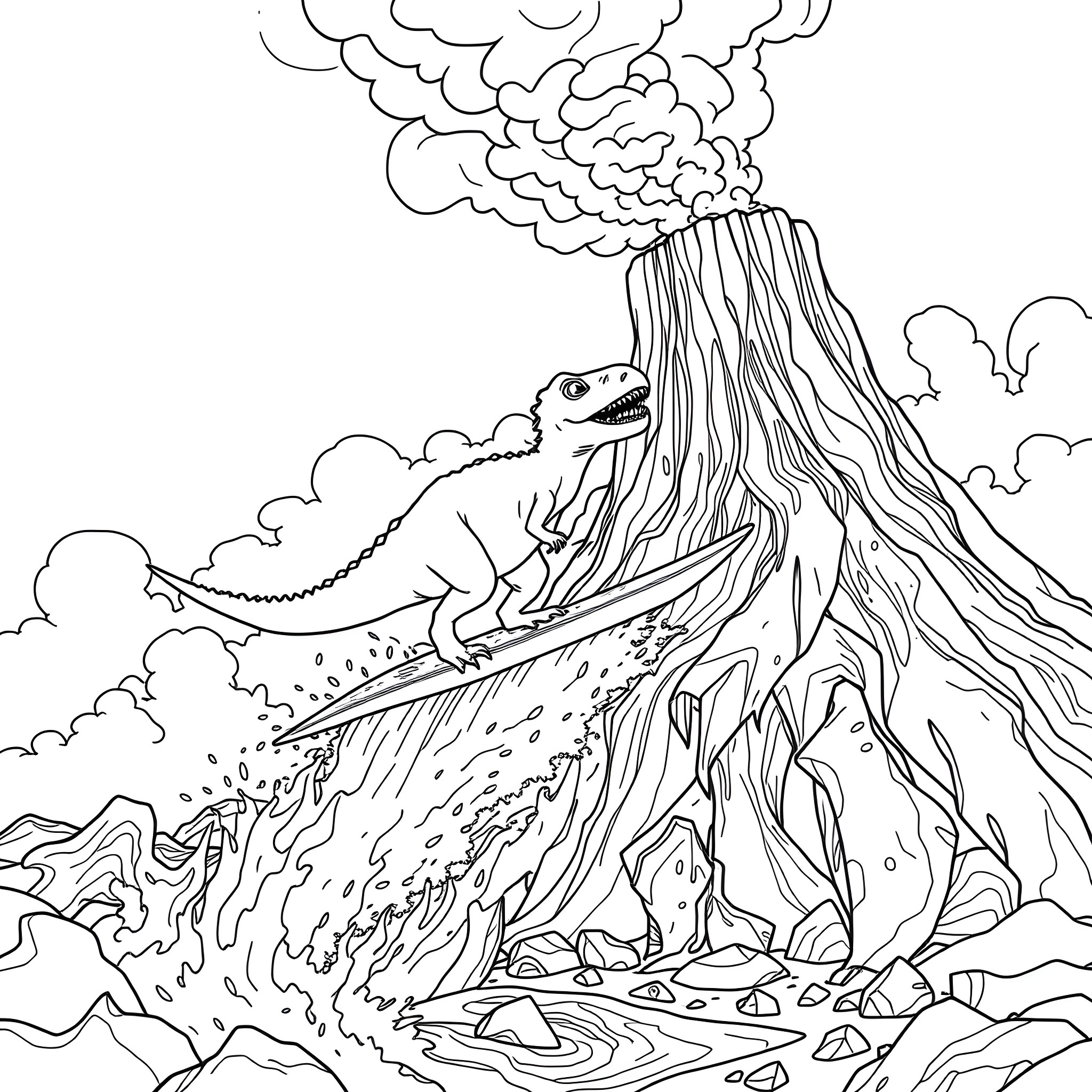 Dinosaur erupting from volcanic mountain Coloring Page (free black-and-white line drawing printable PDF for all, from beginners to advanced learners, including children, teens, adults, and seniors)