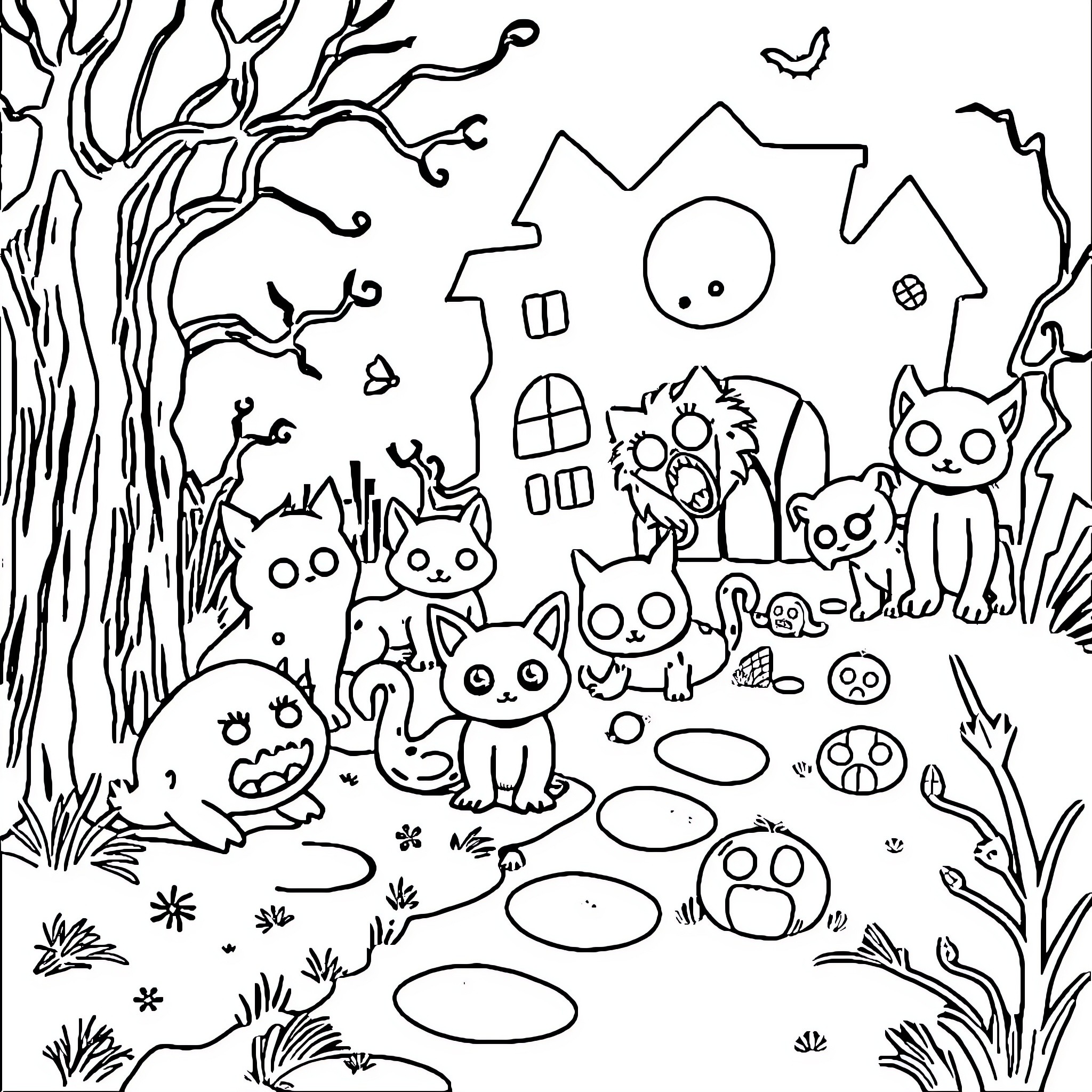 Lisa Frank's Whimsical Animal Wonderland Coloring Page (free black-and-white line drawing printable PDF for all, from beginners to advanced learners, including children, teens, adults, and seniors)