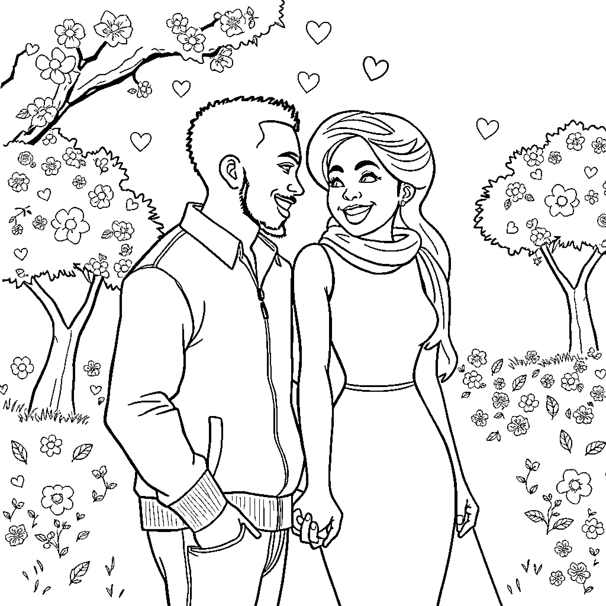 Love in the Blooming Garden Coloring Page (free black-and-white line drawing printable PDF for all, from beginners to advanced learners, including children, teens, adults, and seniors)