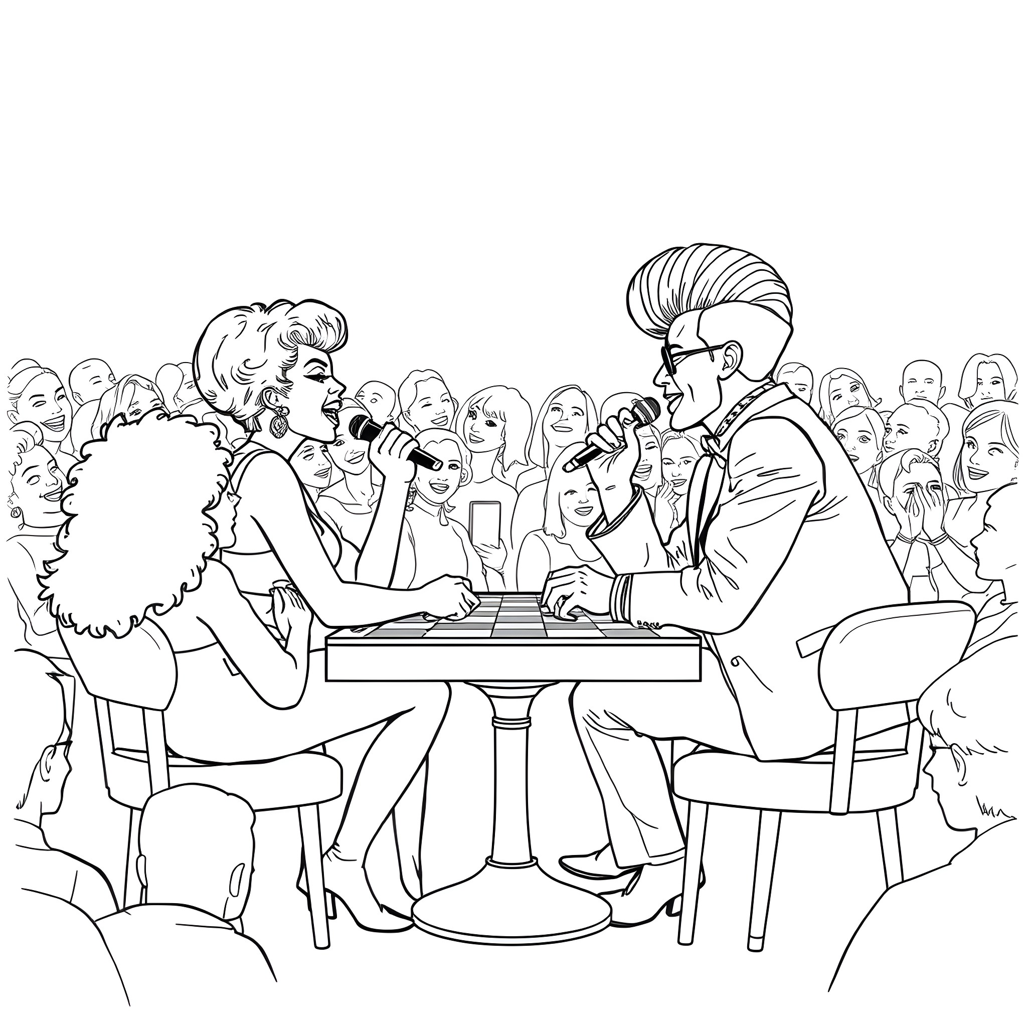 Whitney Houston Performing on Stage with Audience Coloring Page (free black-and-white line drawing printable PDF for all, from beginners to advanced learners, including children, teens, adults, and seniors)