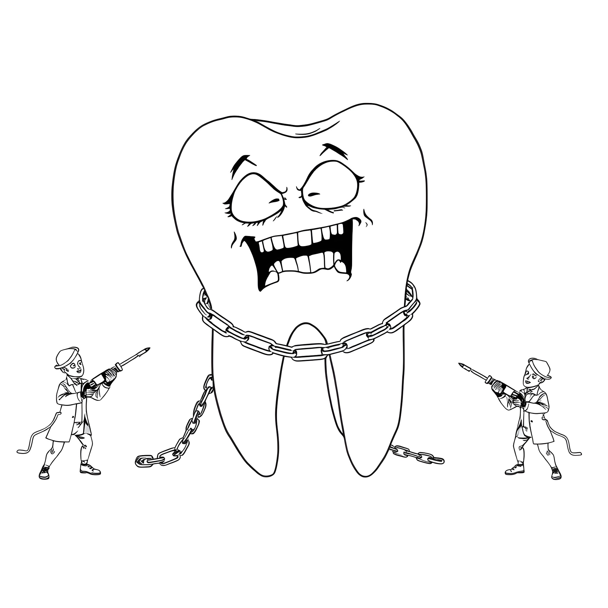 Tooth in Chains Guarded by Tiny Soldiers Coloring Page (free black-and-white line drawing printable PDF for all, from beginners to advanced learners, including children, teens, adults, and seniors)