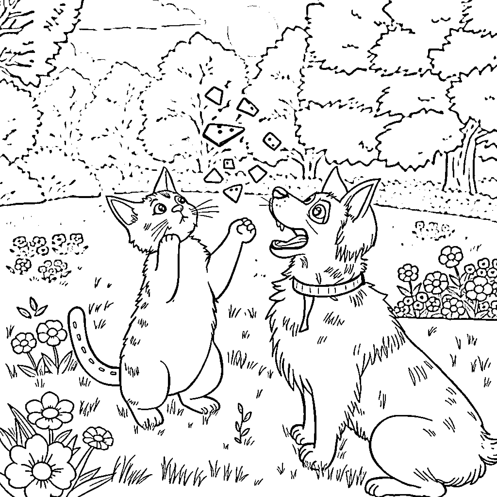 Cats playing in a whimsical garden Coloring Page (free black-and-white line drawing printable PDF for all, from beginners to advanced learners, including children, teens, adults, and seniors)