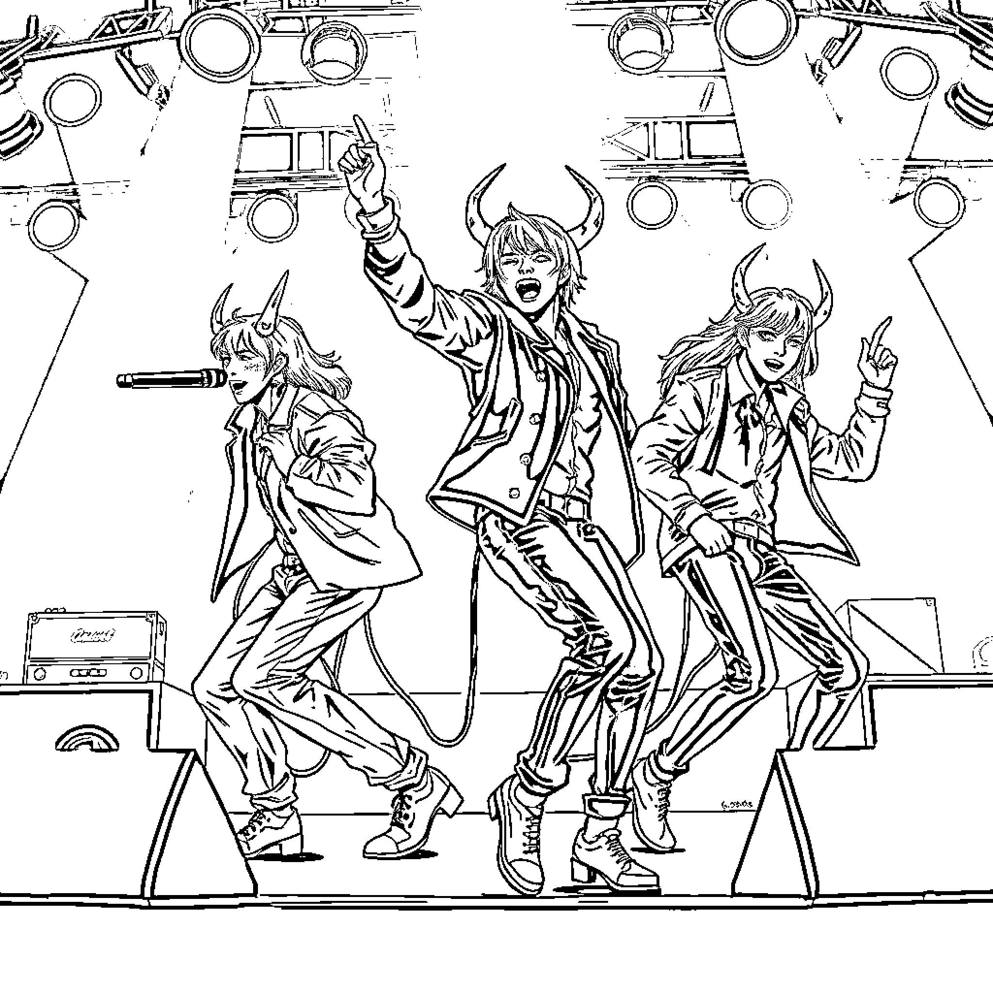 Kpop Demon Hunters Rocking on Stage Coloring Page (free black-and-white line drawing printable PDF for all, from beginners to advanced learners, including children, teens, adults, and seniors)
