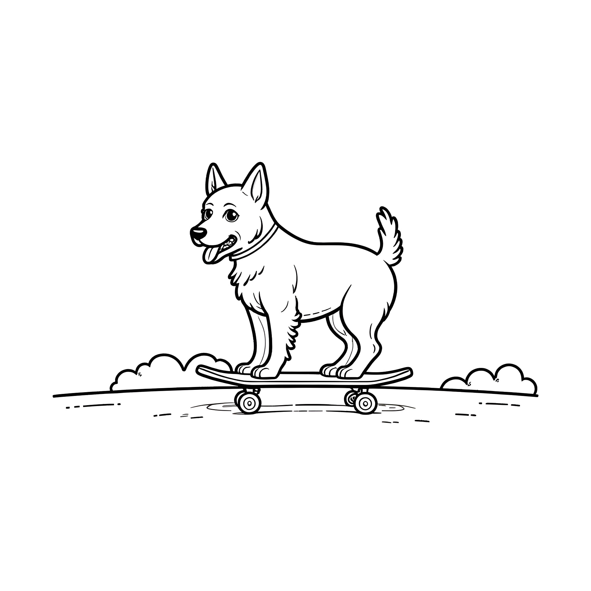 Dog riding skateboard in park Coloring Page (free black-and-white line drawing printable PDF for all, from beginners to advanced learners, including children, teens, adults, and seniors)