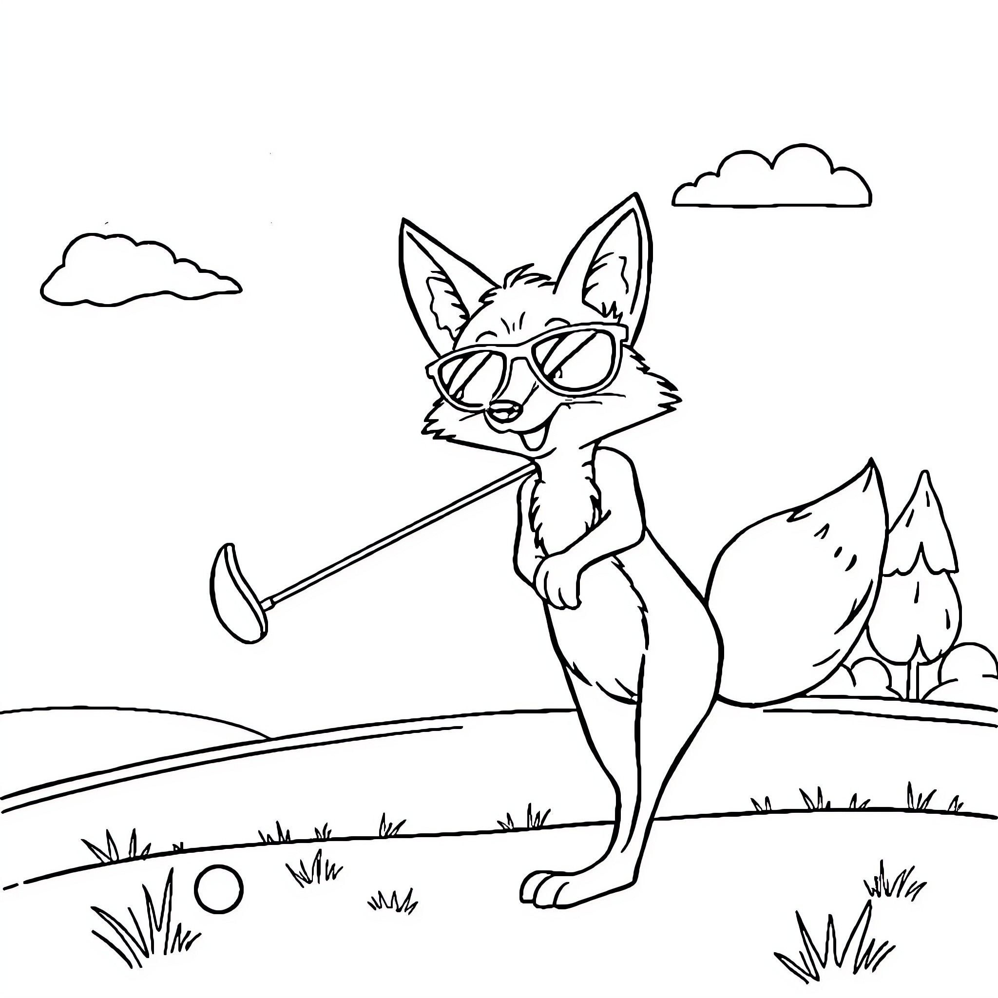 Fox with Sunglasses Blowing Horn in the Park Coloring Page (free black-and-white line drawing printable PDF for all, from beginners to advanced learners, including children, teens, adults, and seniors)