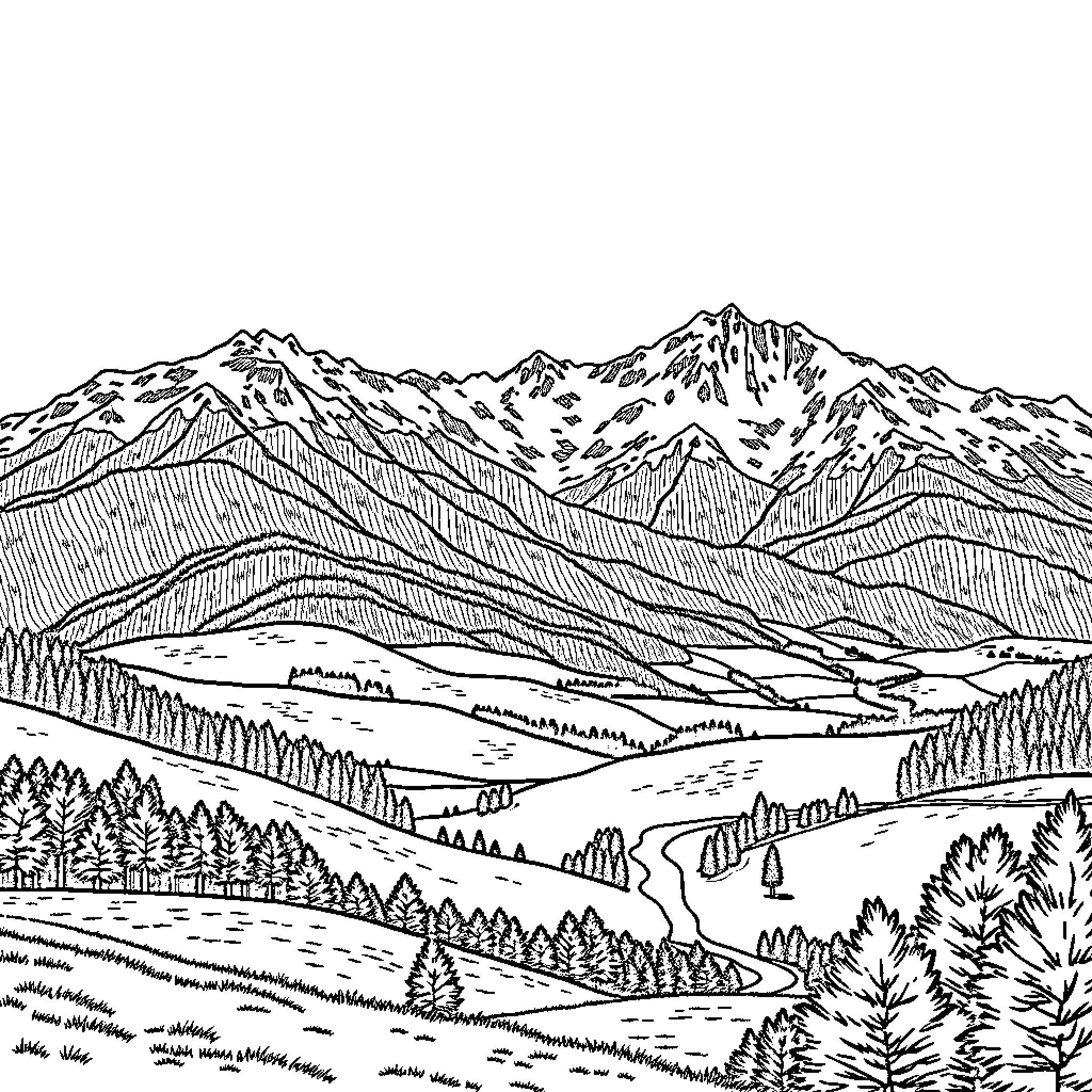 Landscape of snowy mountain peaks and forested valleys Coloring Page (free black-and-white line drawing printable PDF for all, from beginners to advanced learners, including children, teens, adults, and seniors)