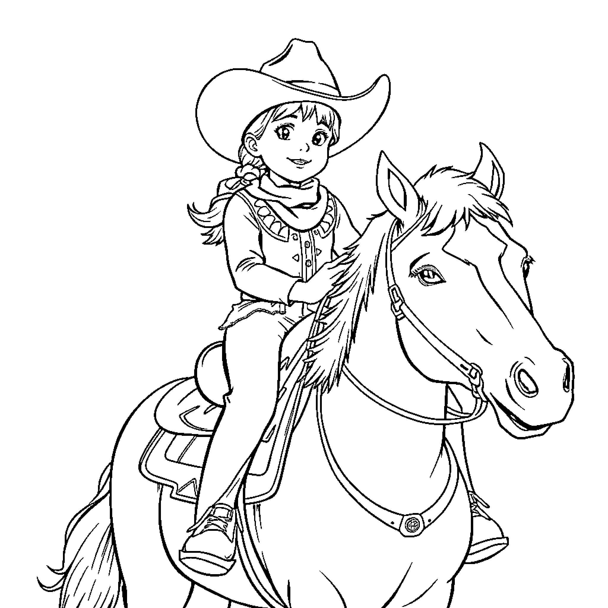 Cowgirl riding a horse with joy and enthusiasm Coloring Page (free black-and-white line drawing printable PDF for all, from beginners to advanced learners, including children, teens, adults, and seniors)