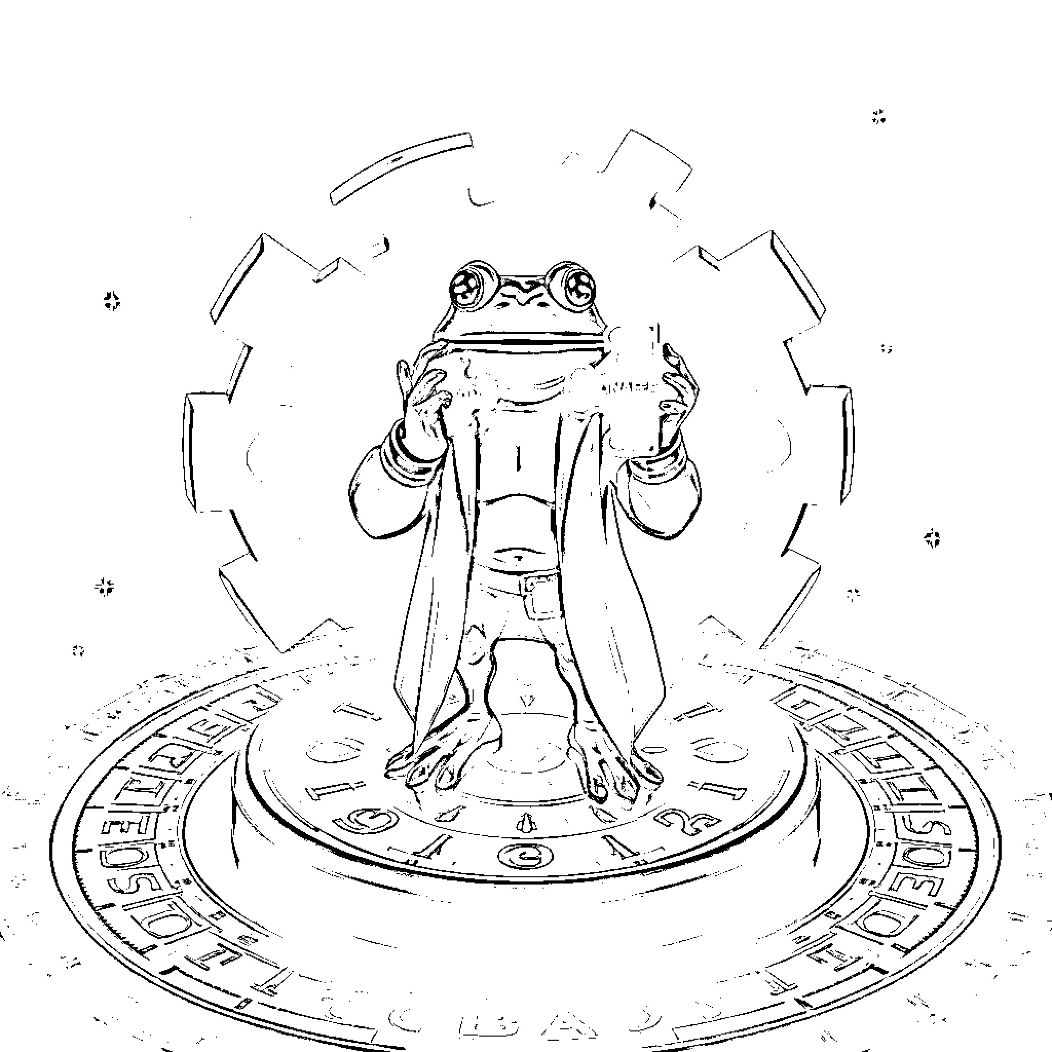 Pepe the Frog on a Mystical Ritual Platform Coloring Page (free black-and-white line drawing printable PDF for all, from beginners to advanced learners, including children, teens, adults, and seniors)