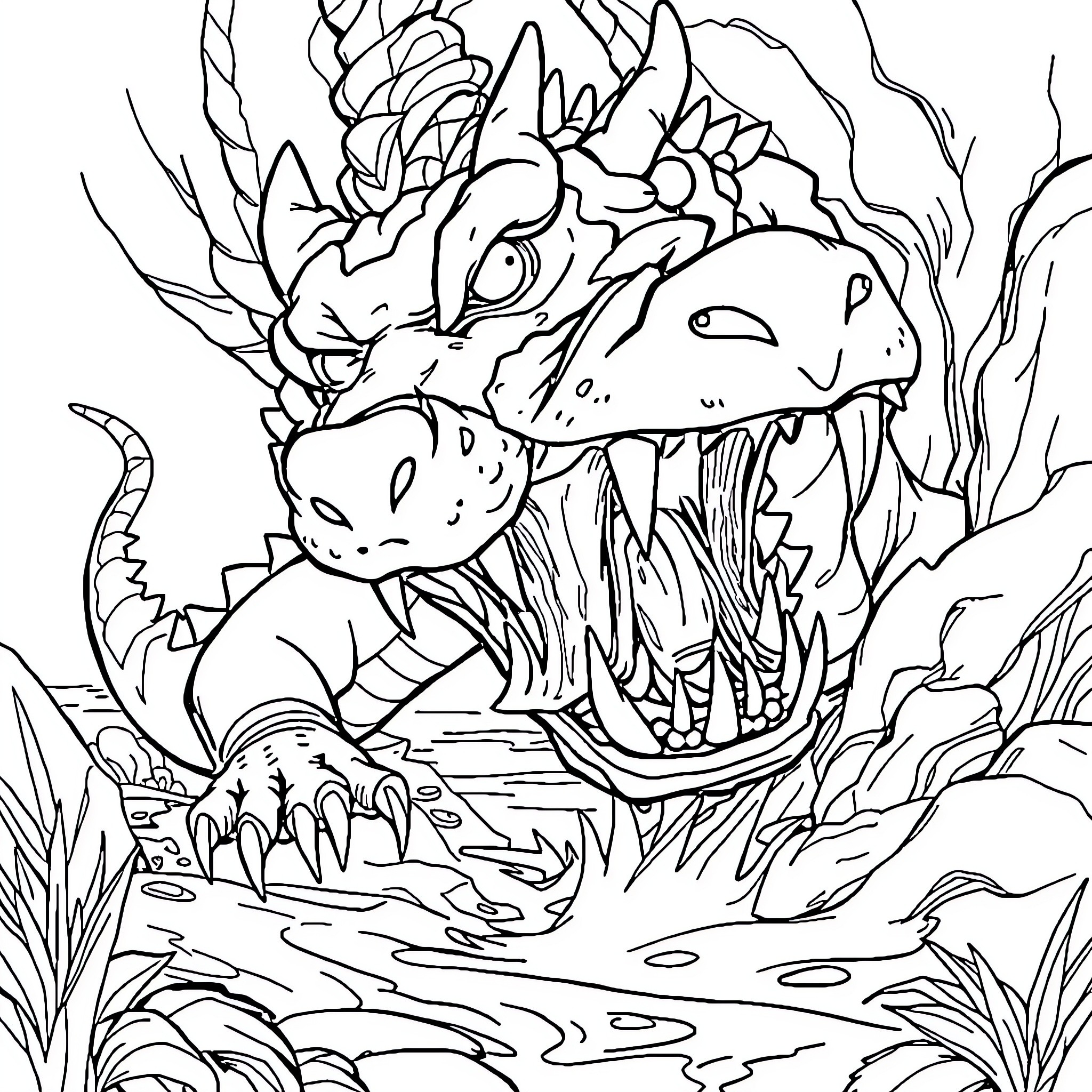 Dragon hatchlings in the wild, exploring a lush environment Coloring Page (free black-and-white line drawing printable PDF for all, from beginners to advanced learners, including children, teens, adults, and seniors)