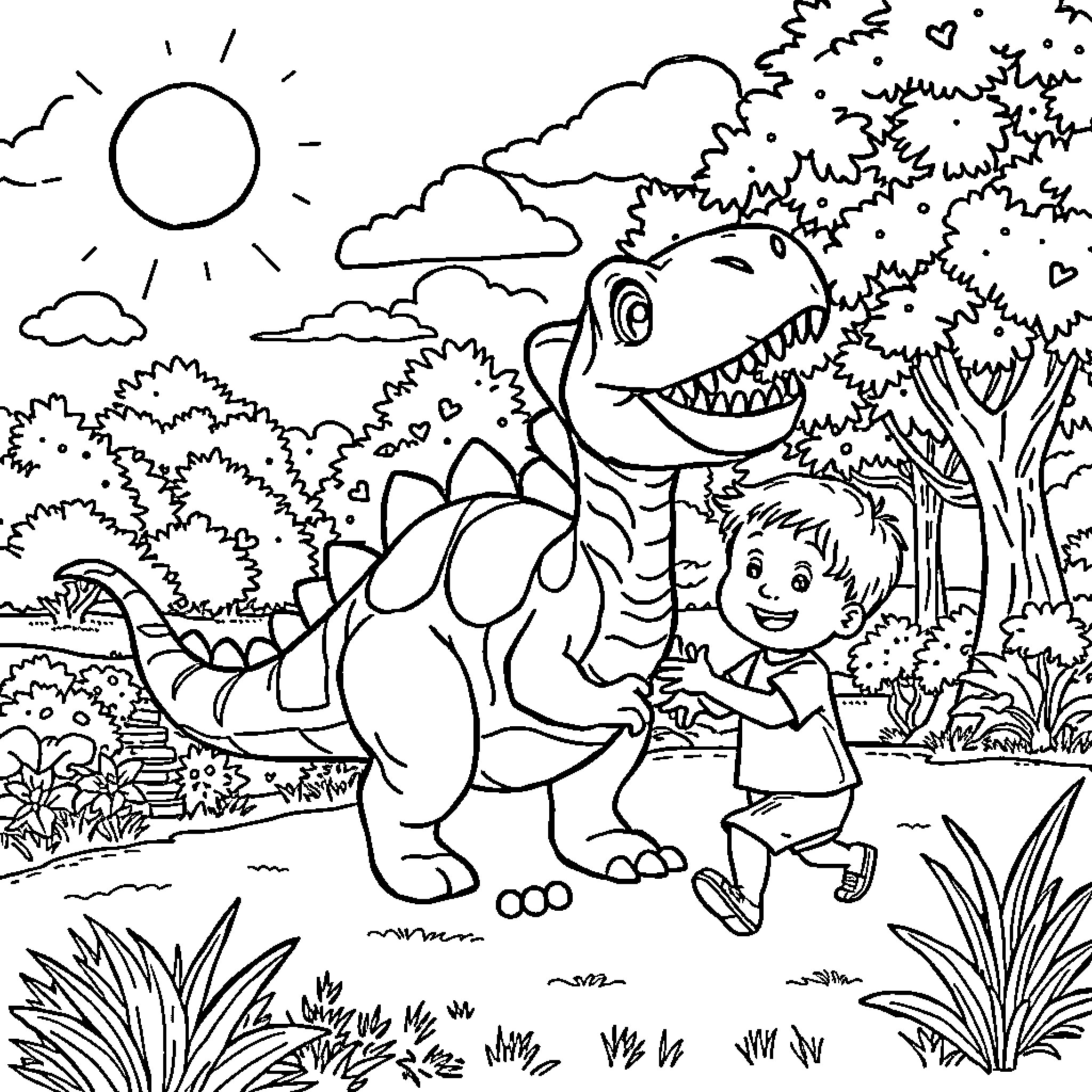Dinosaur and child playing in the wild Coloring Page (free black-and-white line drawing printable PDF for all, from beginners to advanced learners, including children, teens, adults, and seniors)