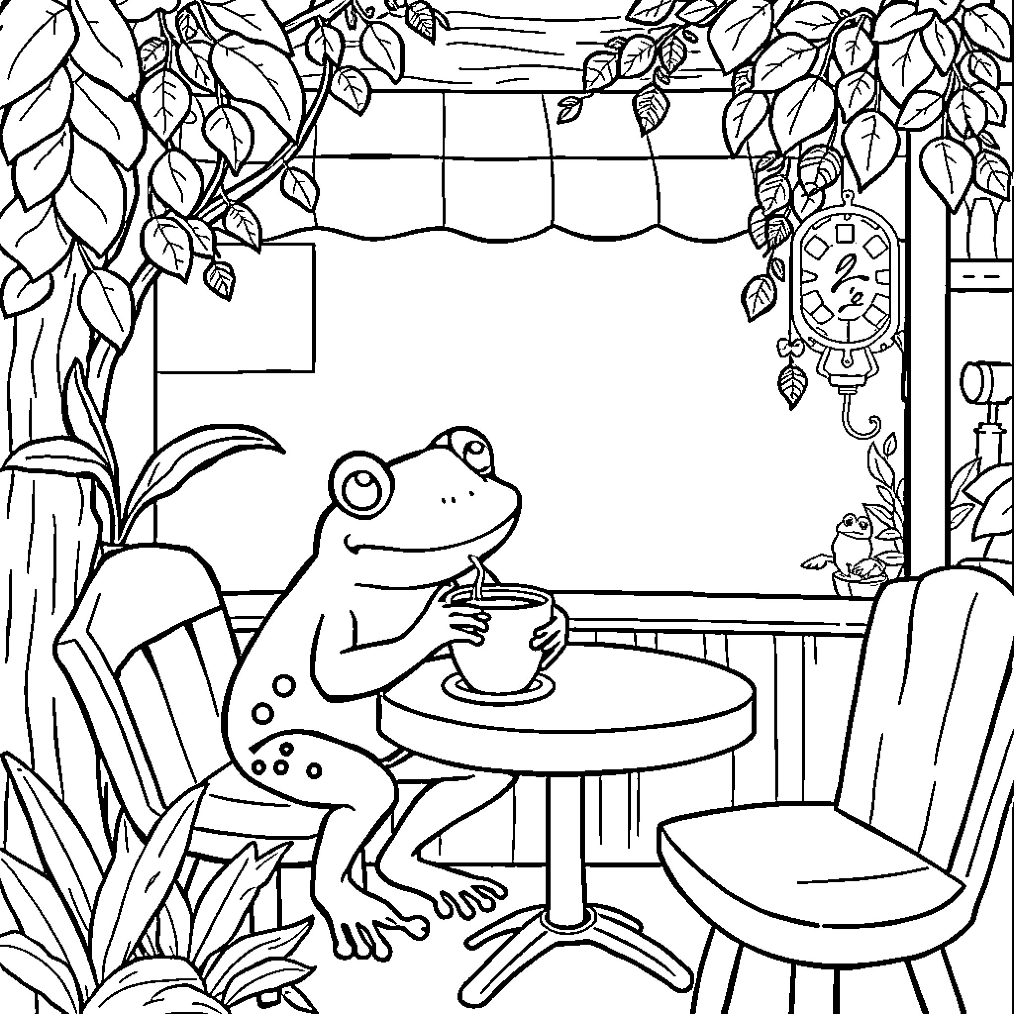 Frog enjoying a cozy cafe in the garden Coloring Page (free black-and-white line drawing printable PDF for all, from beginners to advanced learners, including children, teens, adults, and seniors)