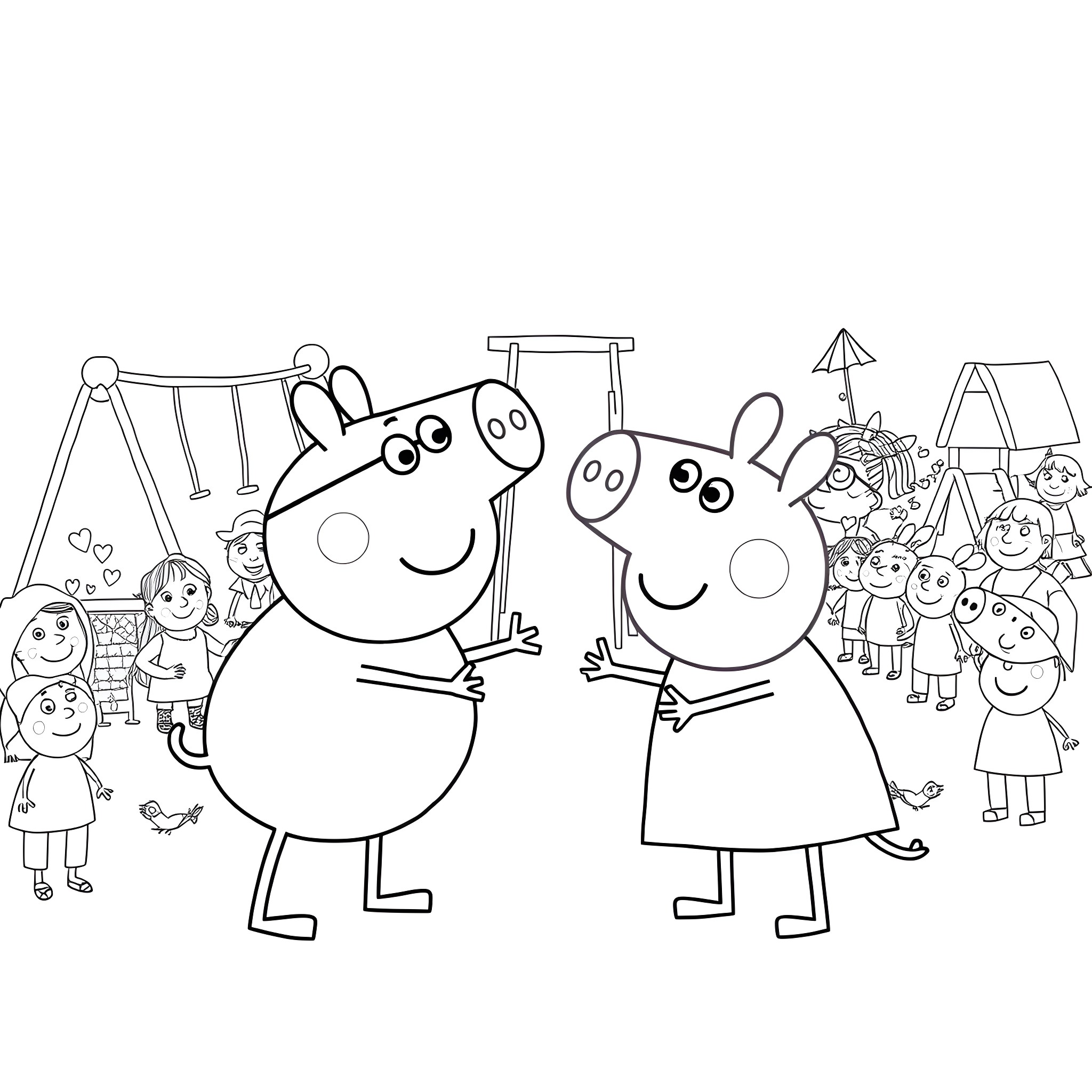 Bluey and Peppa Pig playing together at the playground Coloring Page (free black-and-white line drawing printable PDF for all, from beginners to advanced learners, including children, teens, adults, and seniors)