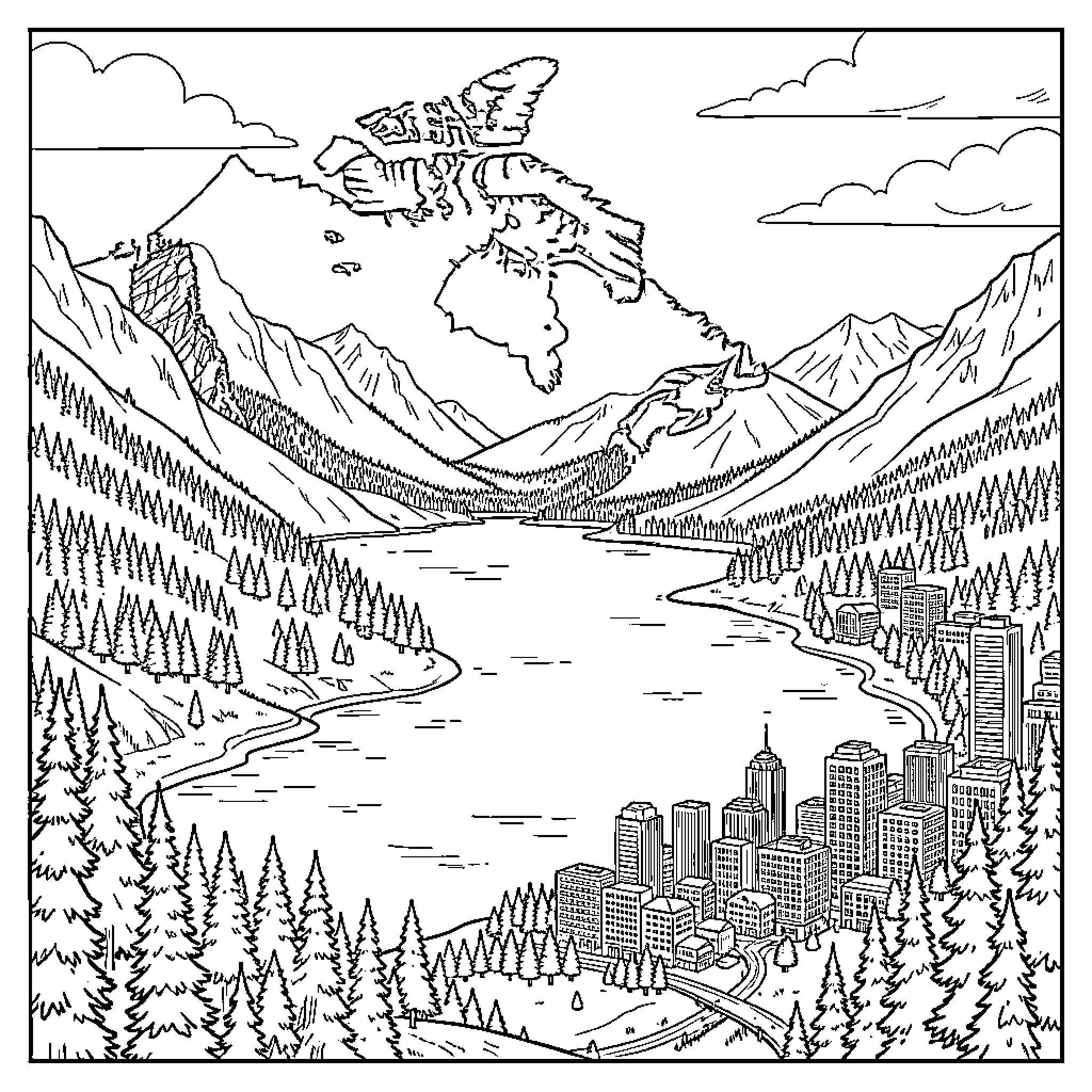 Journey through mountains, lakes, and cityscapes Coloring Page (free black-and-white line drawing printable PDF for all, from beginners to advanced learners, including children, teens, adults, and seniors)