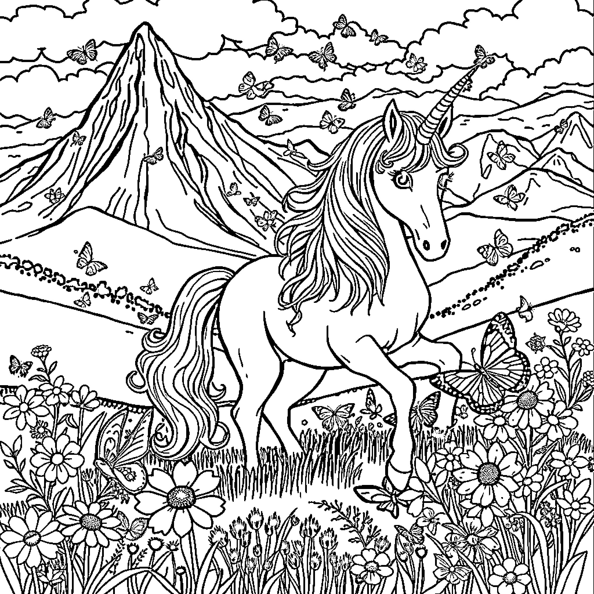 Unicorn prancing through a magical meadow Coloring Page (free black-and-white line drawing printable PDF for all, from beginners to advanced learners, including children, teens, adults, and seniors)