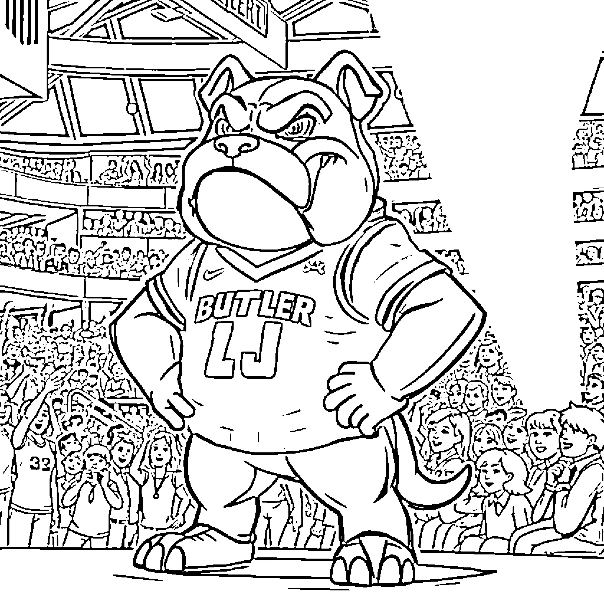 Bulldog Mascot Cheers for the Team Coloring Page (free black-and-white line drawing printable PDF for all, from beginners to advanced learners, including children, teens, adults, and seniors)