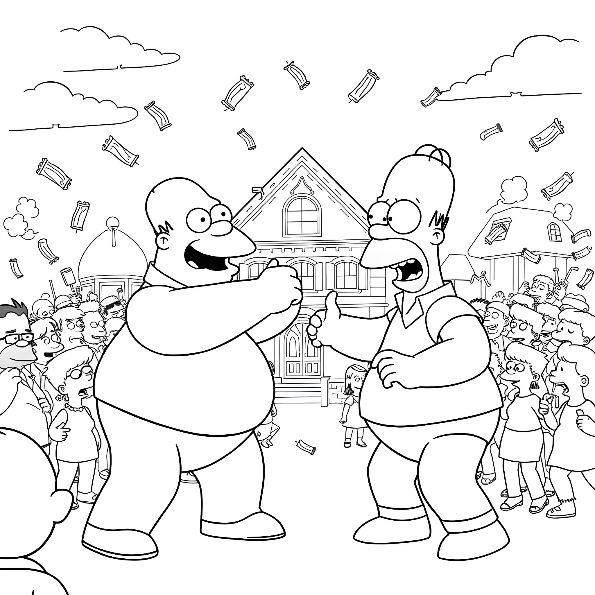 Peter Griffin and Family in Chaotic Suburban Scene Coloring Page (free black-and-white line drawing printable PDF for all, from beginners to advanced learners, including children, teens, adults, and seniors)