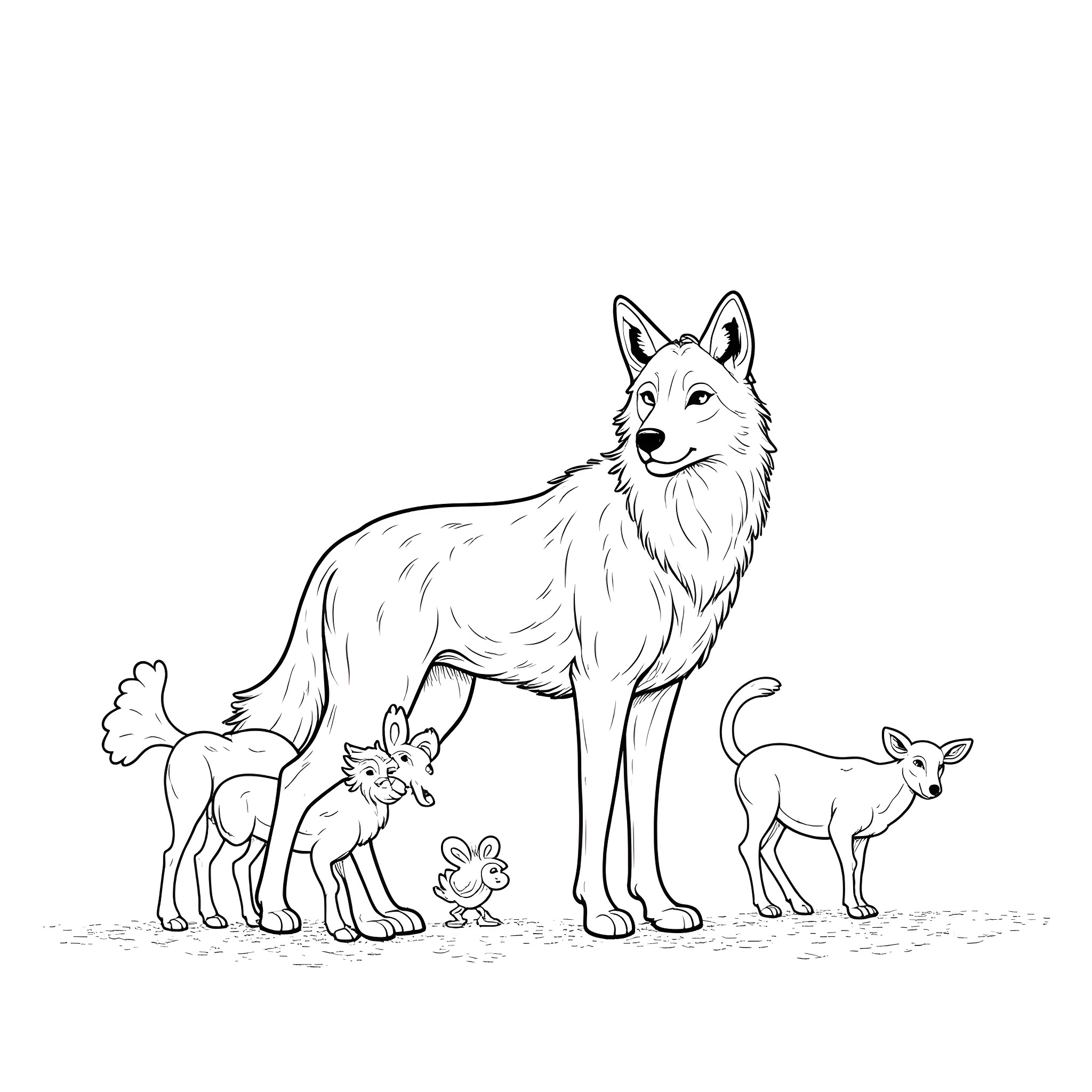 Lion family in the wild with young cubs Coloring Page (free black-and-white line drawing printable PDF for all, from beginners to advanced learners, including children, teens, adults, and seniors)